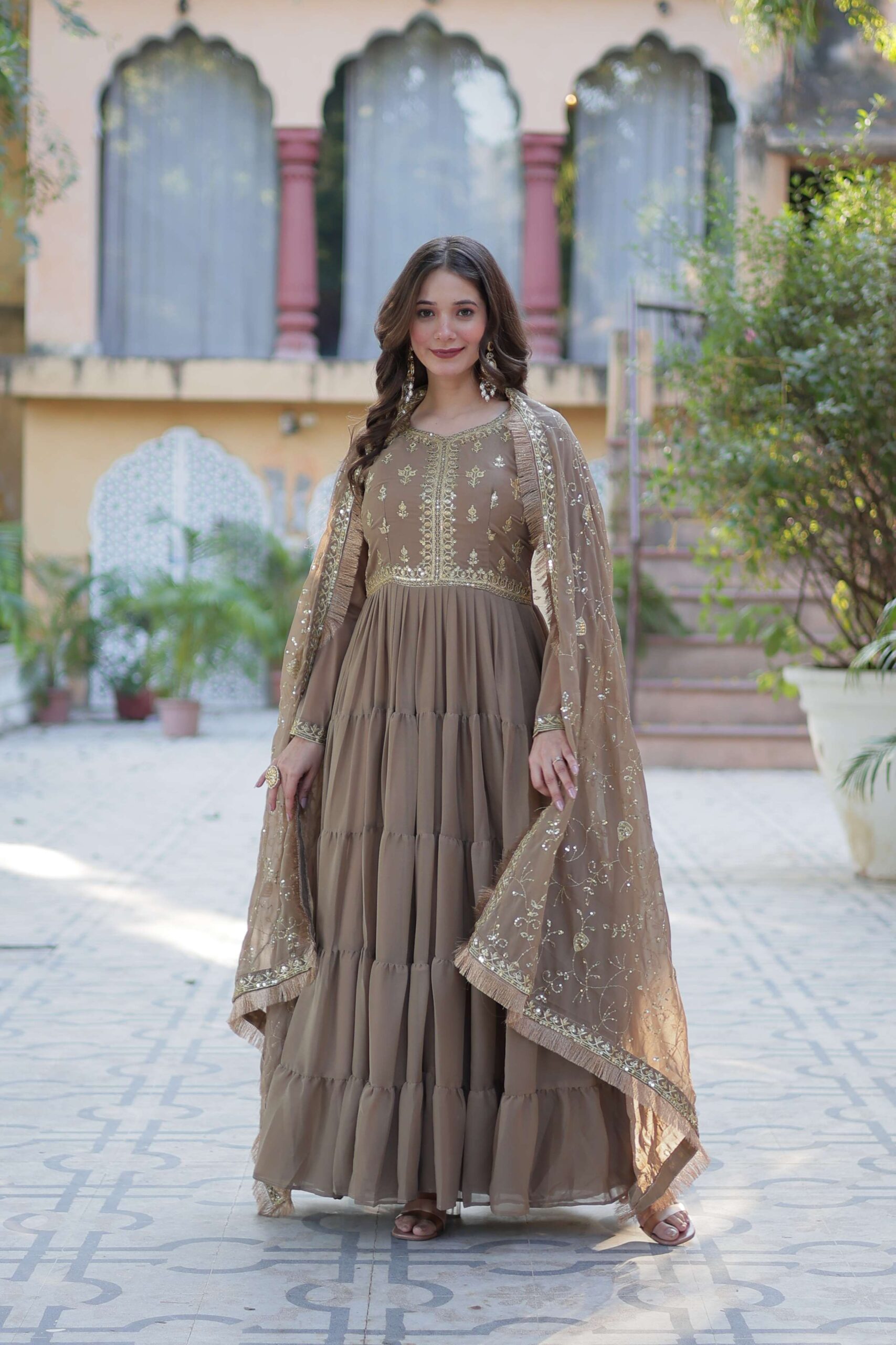 Beige Star Georgette Fully Flared Gown with Sequins Embroidered Dupatta & Lace Border - Image 2