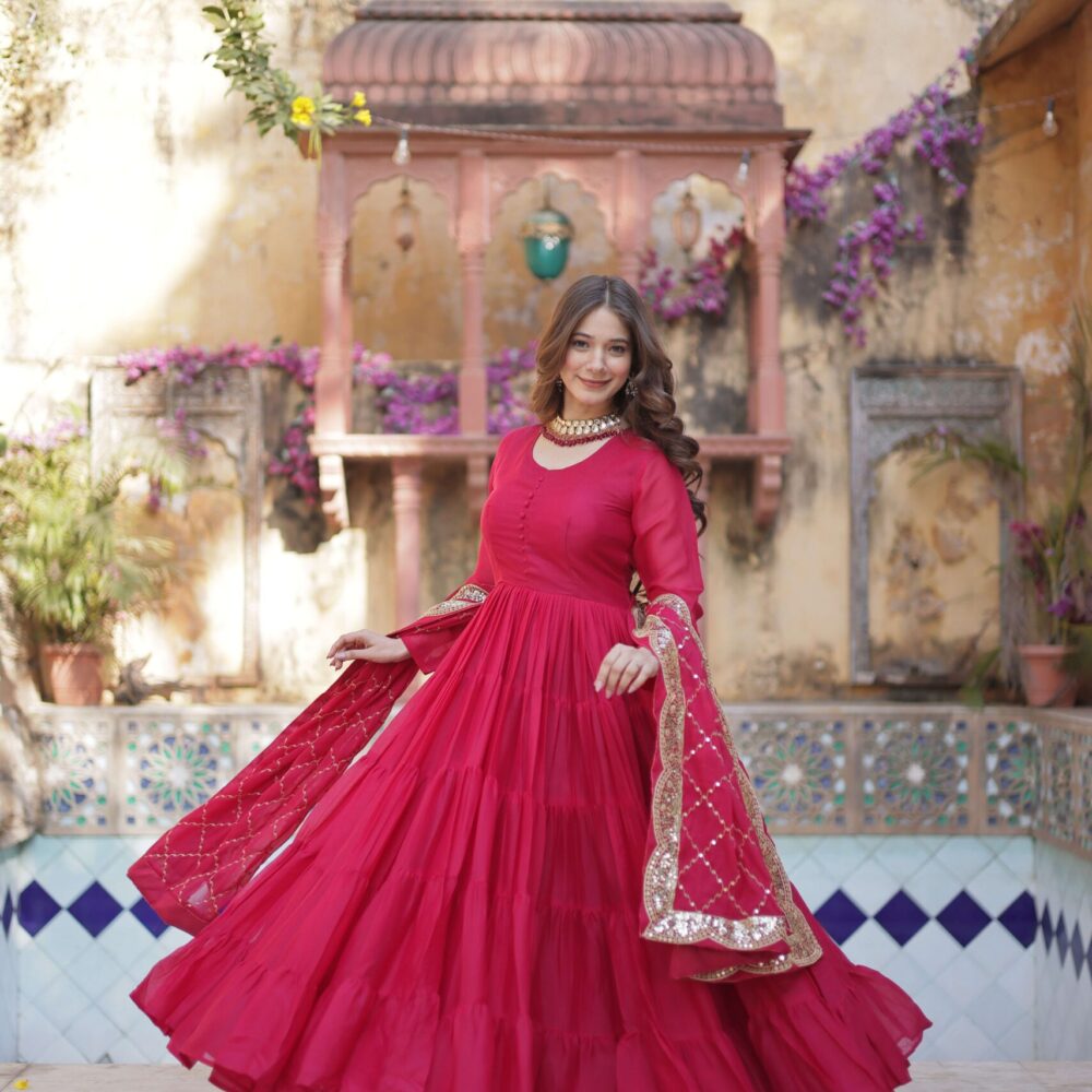 Pink Star Georgette Fully Flared Gown with Sequins Embroidered Dupatta