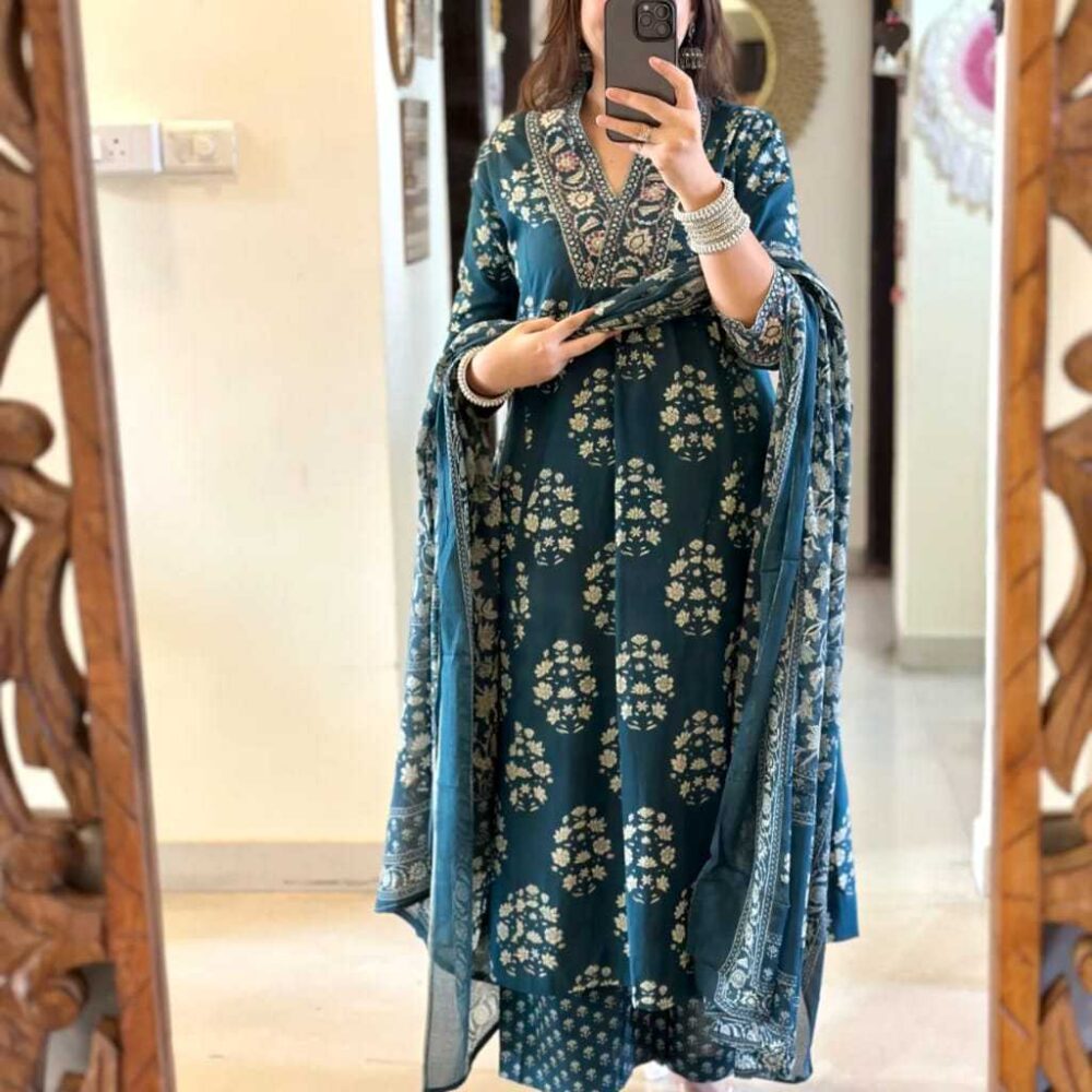 Women's Cotton Floral Printed Anazrkali Kurti with Pant & Dupatta Set