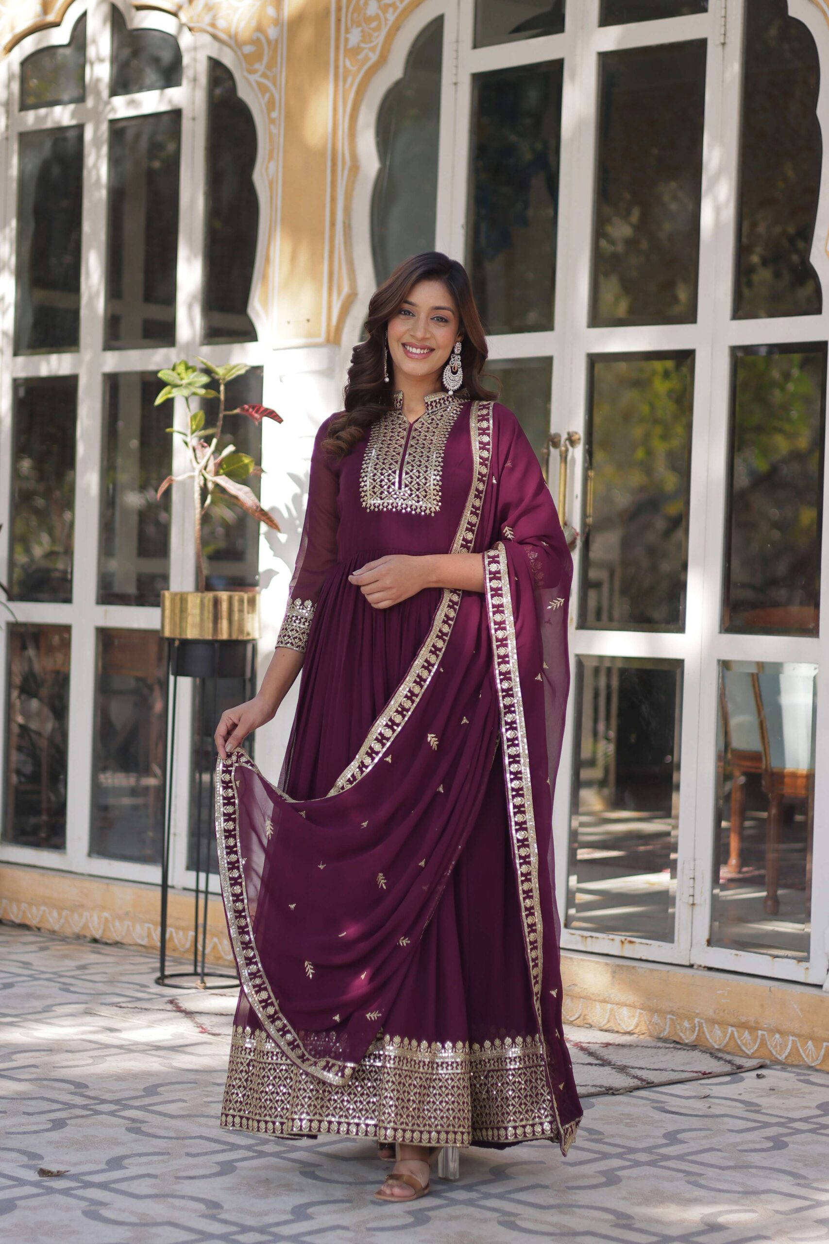 New Wine Faux Blooming Georgette Sequins Embroidered Gown with Matching Dupatta - Image 7