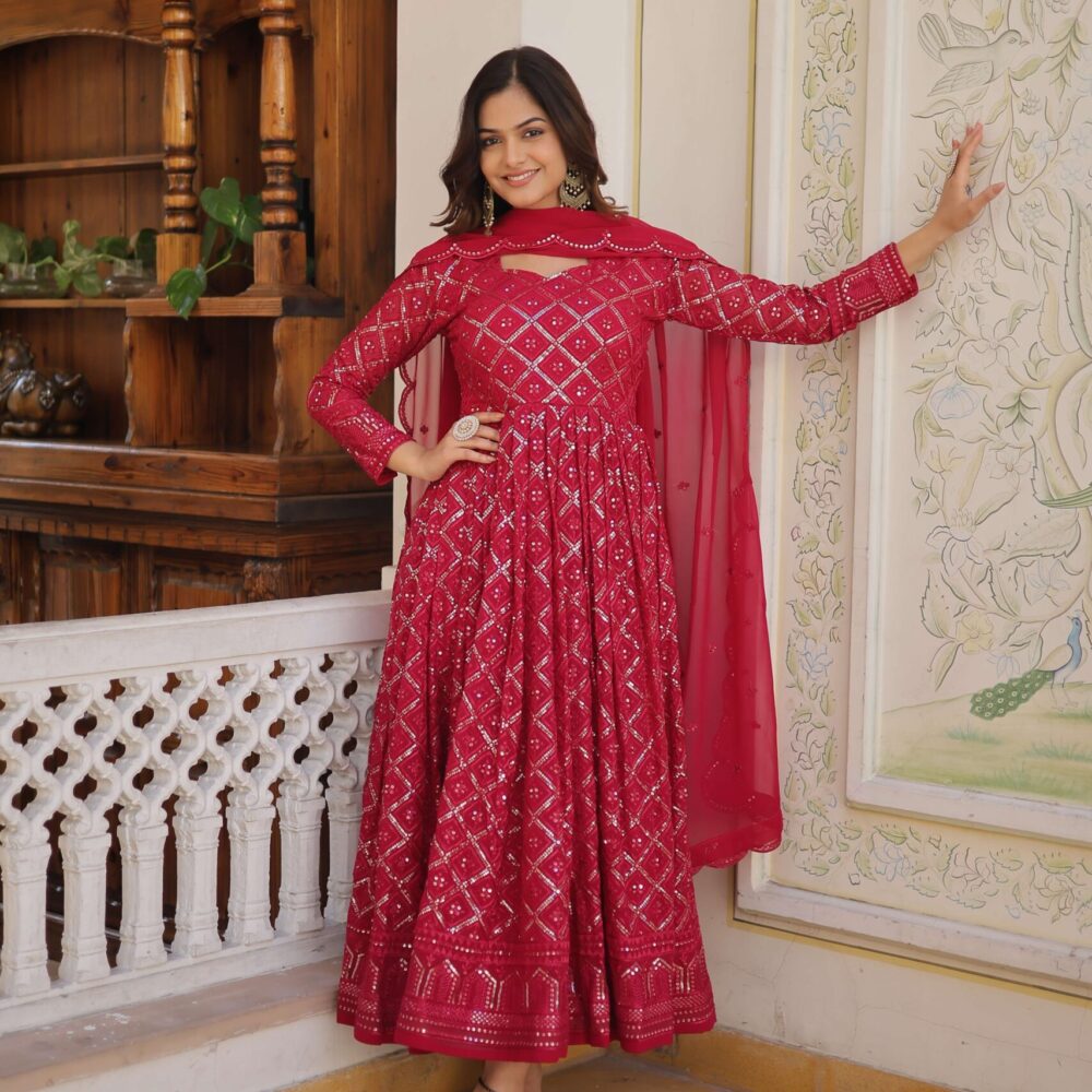 Rani Faux Blooming Designer Gown with Sequined Dupatta ? Elegant Fully Flared Party & Wedding Set