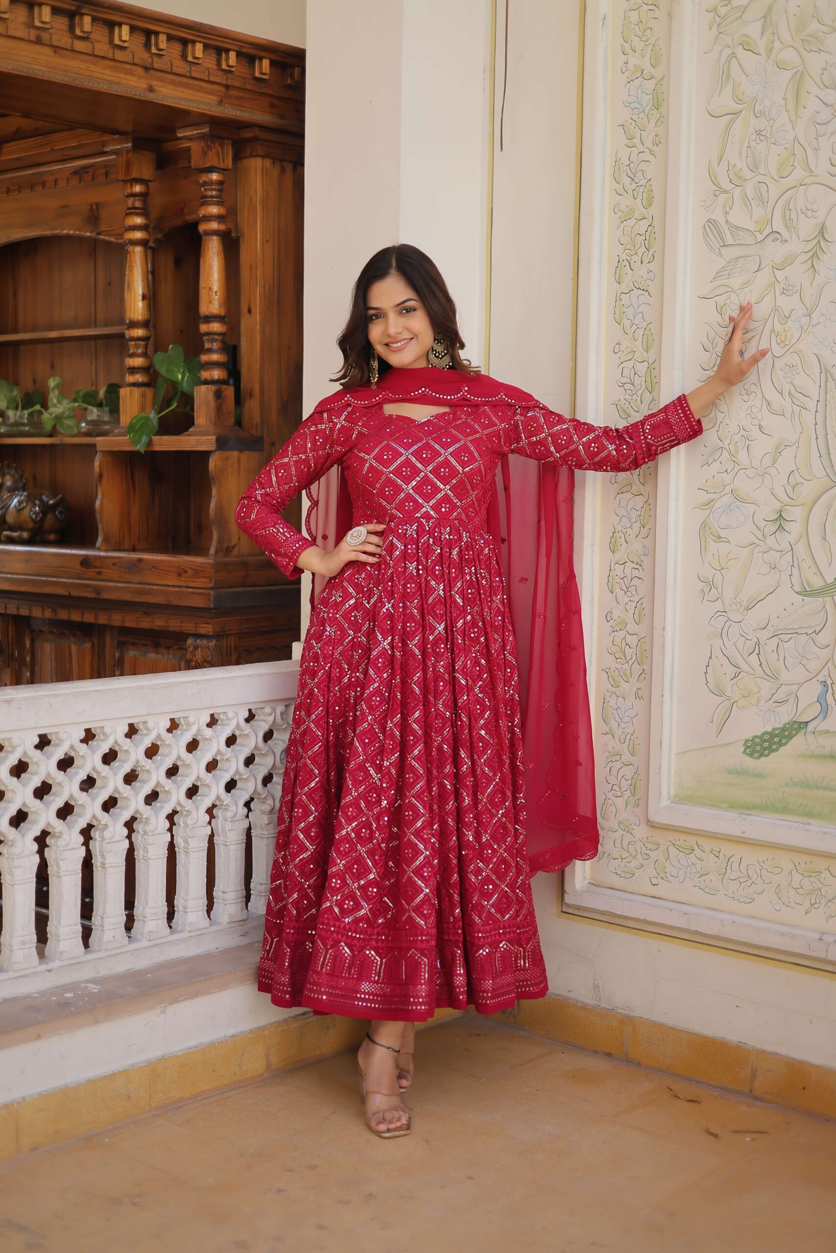 Rani Faux Blooming Designer Gown with Sequined Dupatta ? Elegant Fully Flared Party & Wedding Set