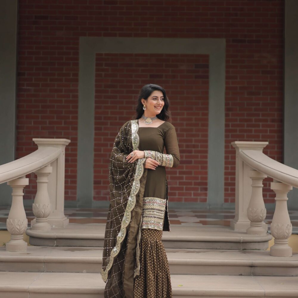 Mehandi Faux Blooming Sequins Embroidered Gown with Matching Dupatta