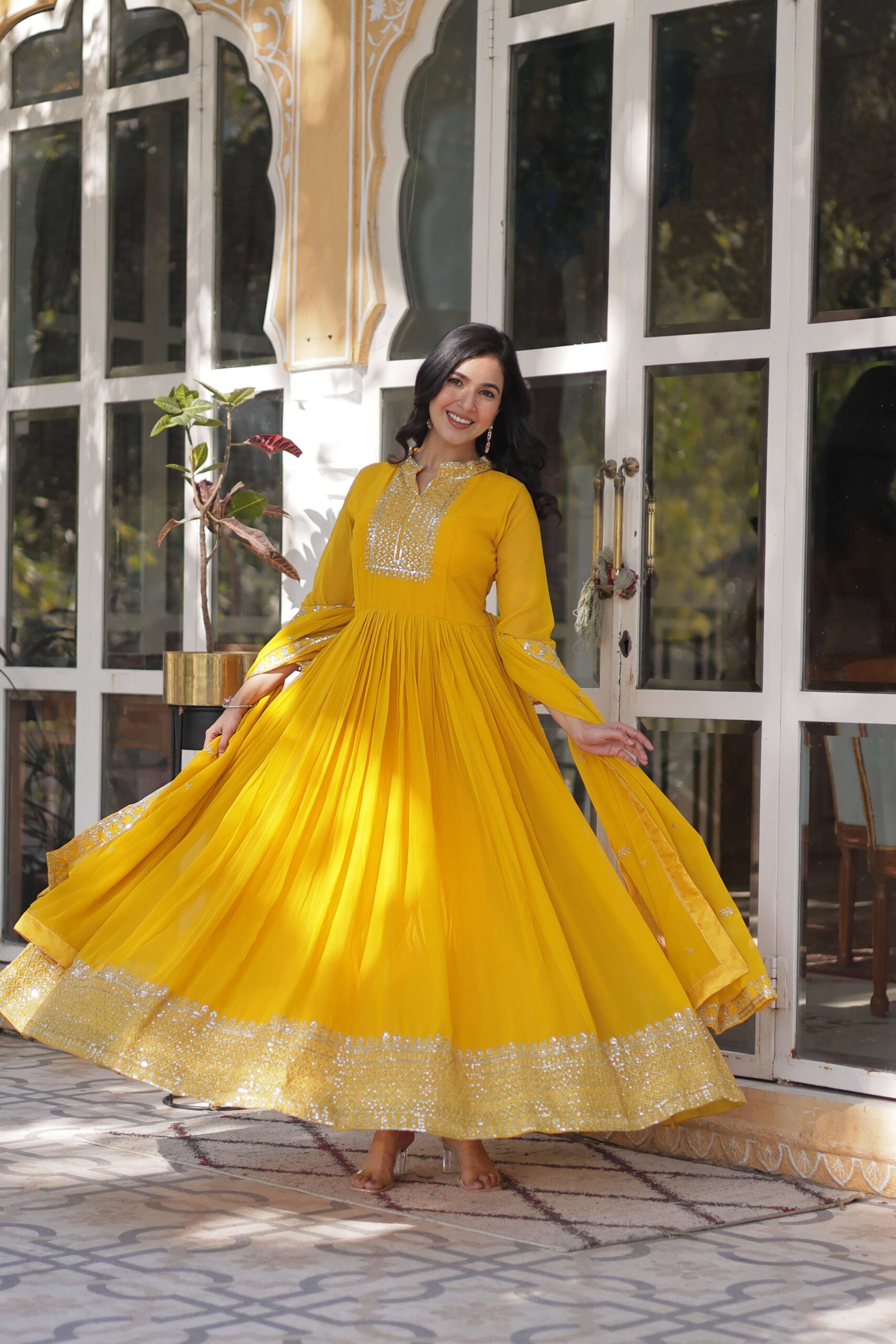 Yellow Faux Blooming Georgette Sequins Embroidered Gown with Matching Dupatta - Image 6