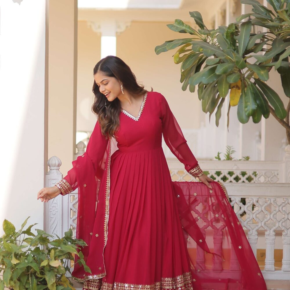 Pink Faux Blooming Gown with Sequined Dupatta ? Elegant Fully Flared Party & Wedding Set