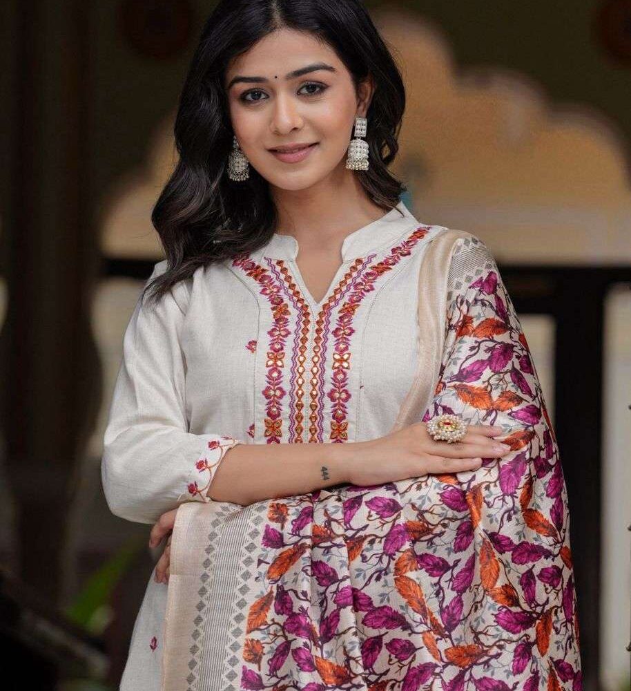 Women's Cotton Embroidered Straight Kurti With Pant and Dupatta Set