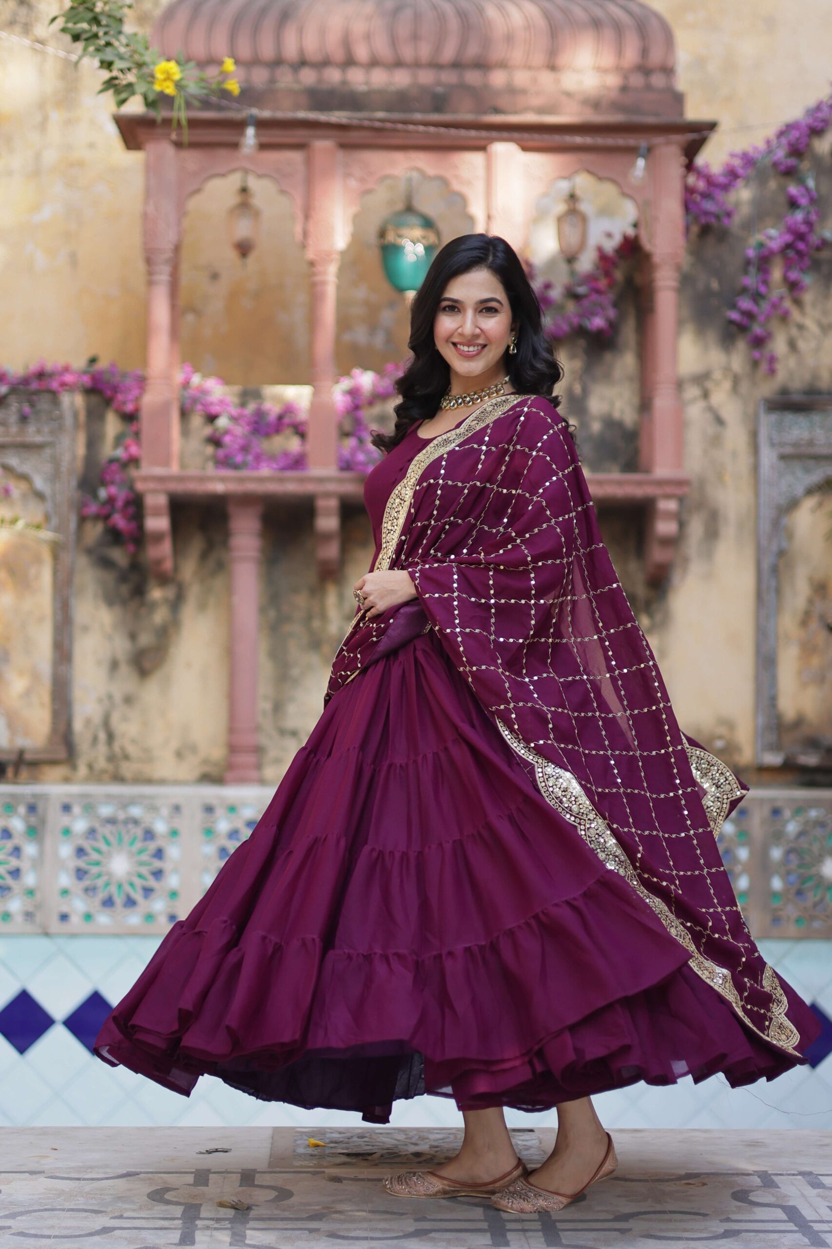Wine Star Georgette Fully Flared Gown with Sequins Embroidered Dupatta - Image 5