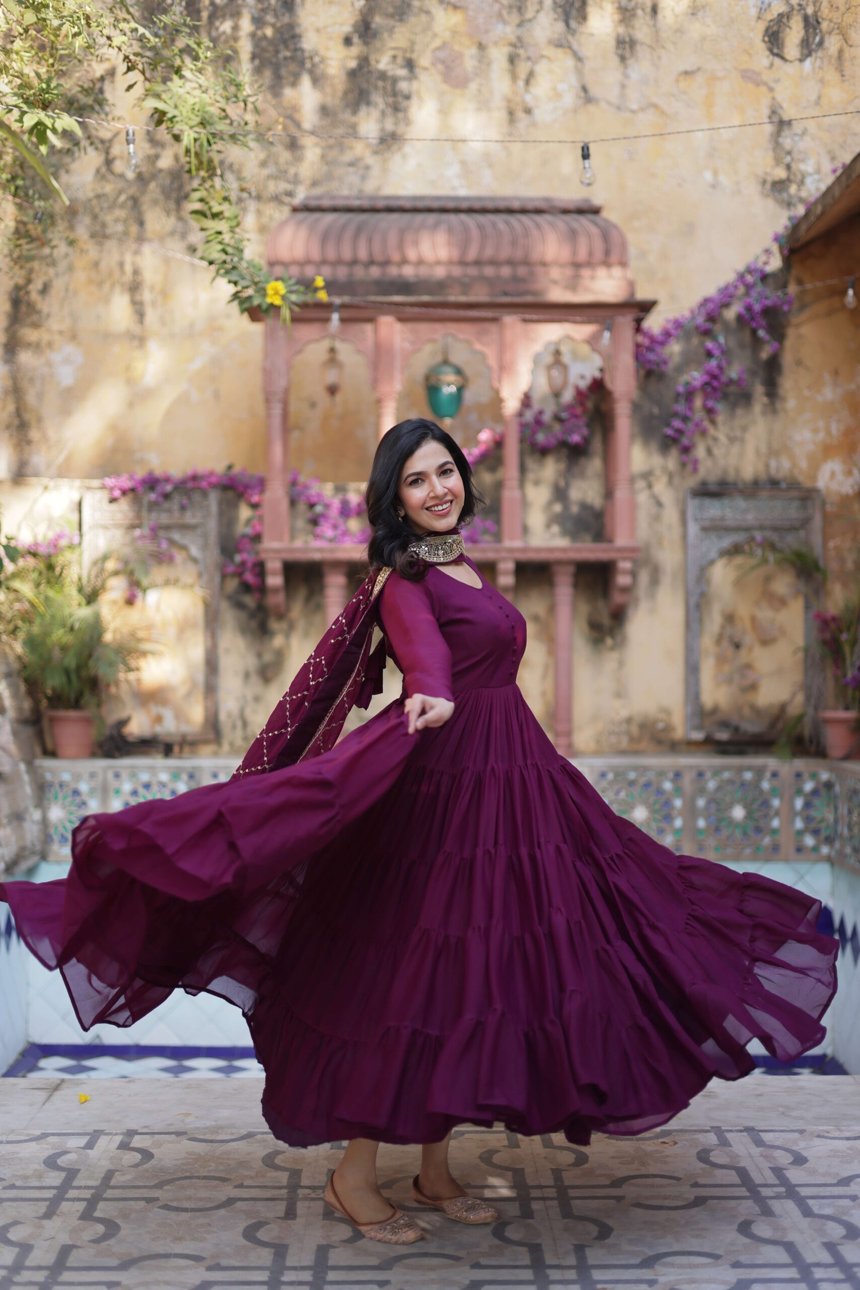 Wine Star Georgette Fully Flared Gown with Sequins Embroidered Dupatta - Image 6