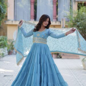 Sky Star Georgette Fully Flared Gown with Sequins Embroidered Dupatta & Lace Border