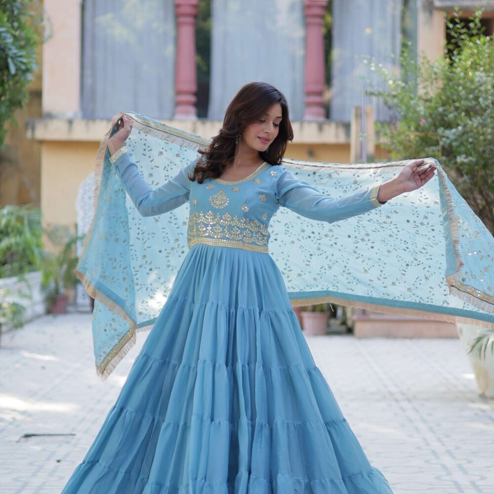 Sky Star Georgette Fully Flared Gown with Sequins Embroidered Dupatta & Lace Border