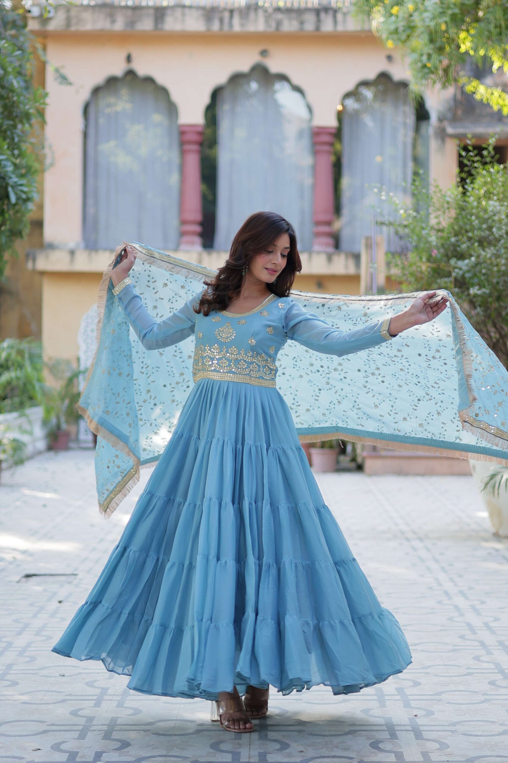 Sky Star Georgette Fully Flared Gown with Sequins Embroidered Dupatta & Lace Border