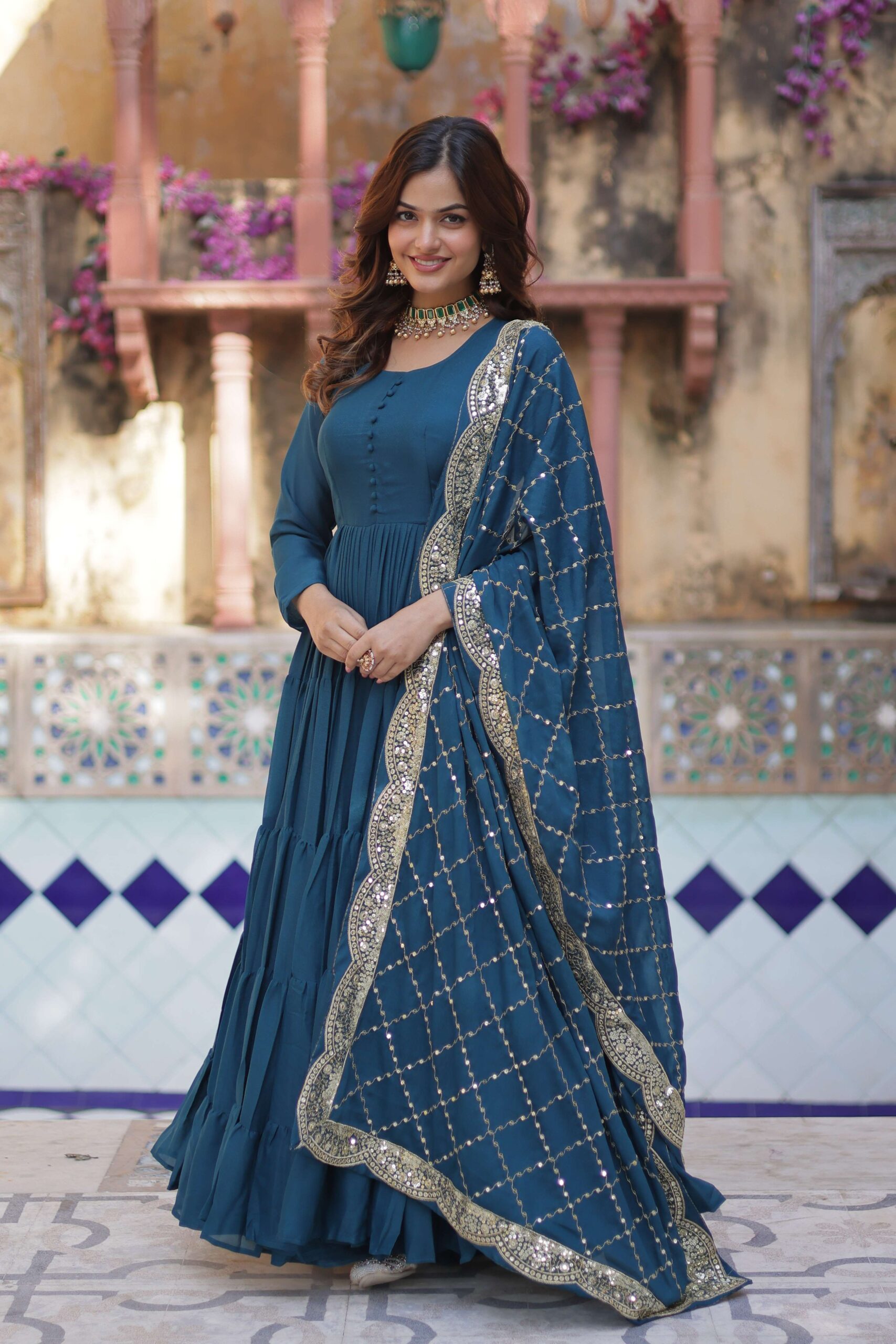 Rama Star Georgette Fully Flared Gown with Sequins Embroidered Dupatta - Image 7