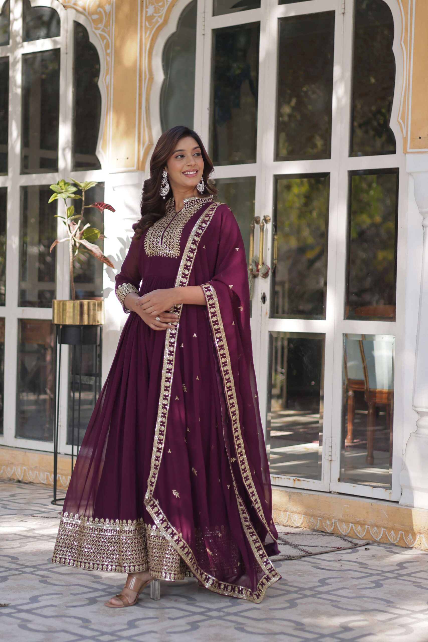 New Wine Faux Blooming Georgette Sequins Embroidered Gown with Matching Dupatta - Image 5