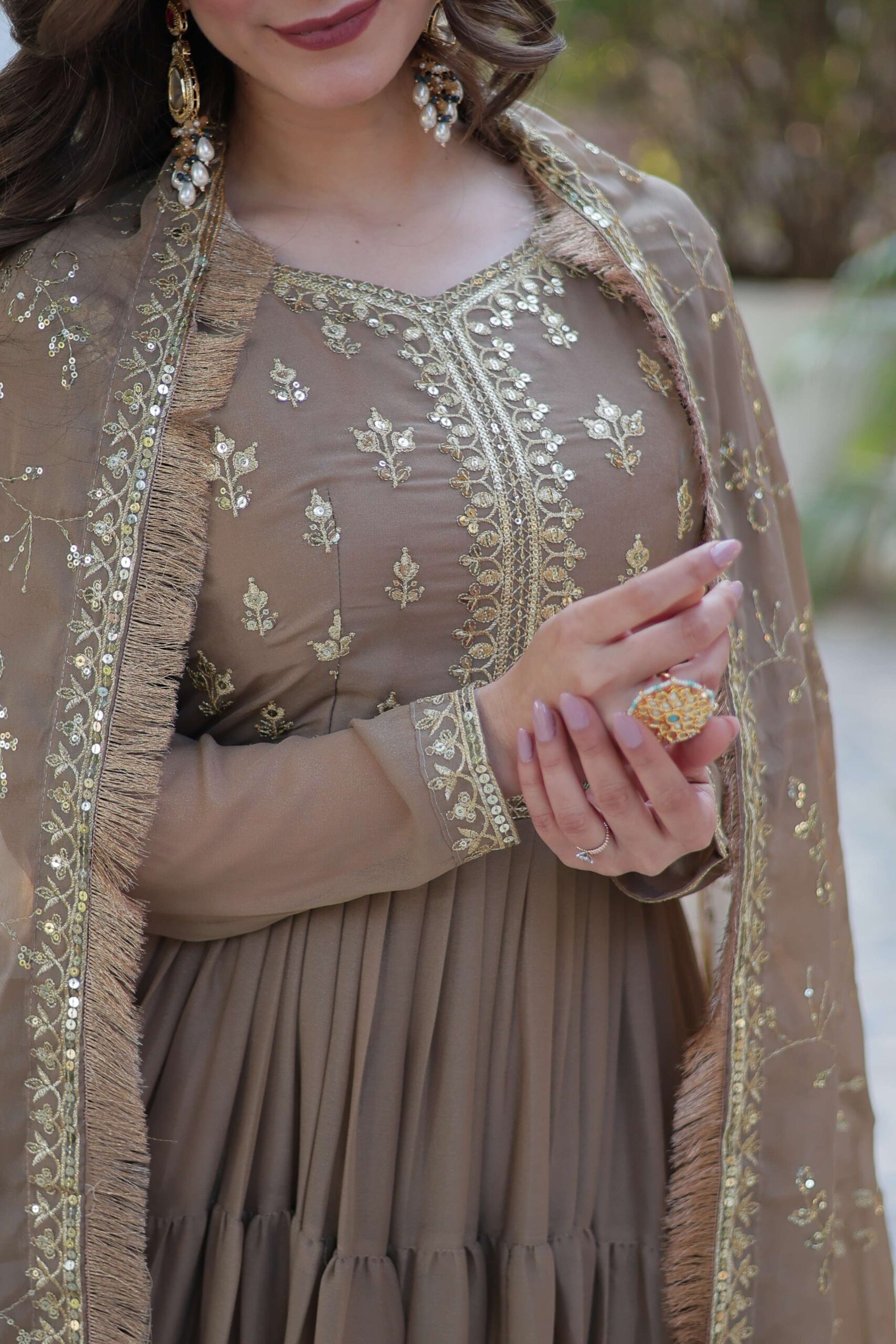 Beige Star Georgette Fully Flared Gown with Sequins Embroidered Dupatta & Lace Border - Image 5