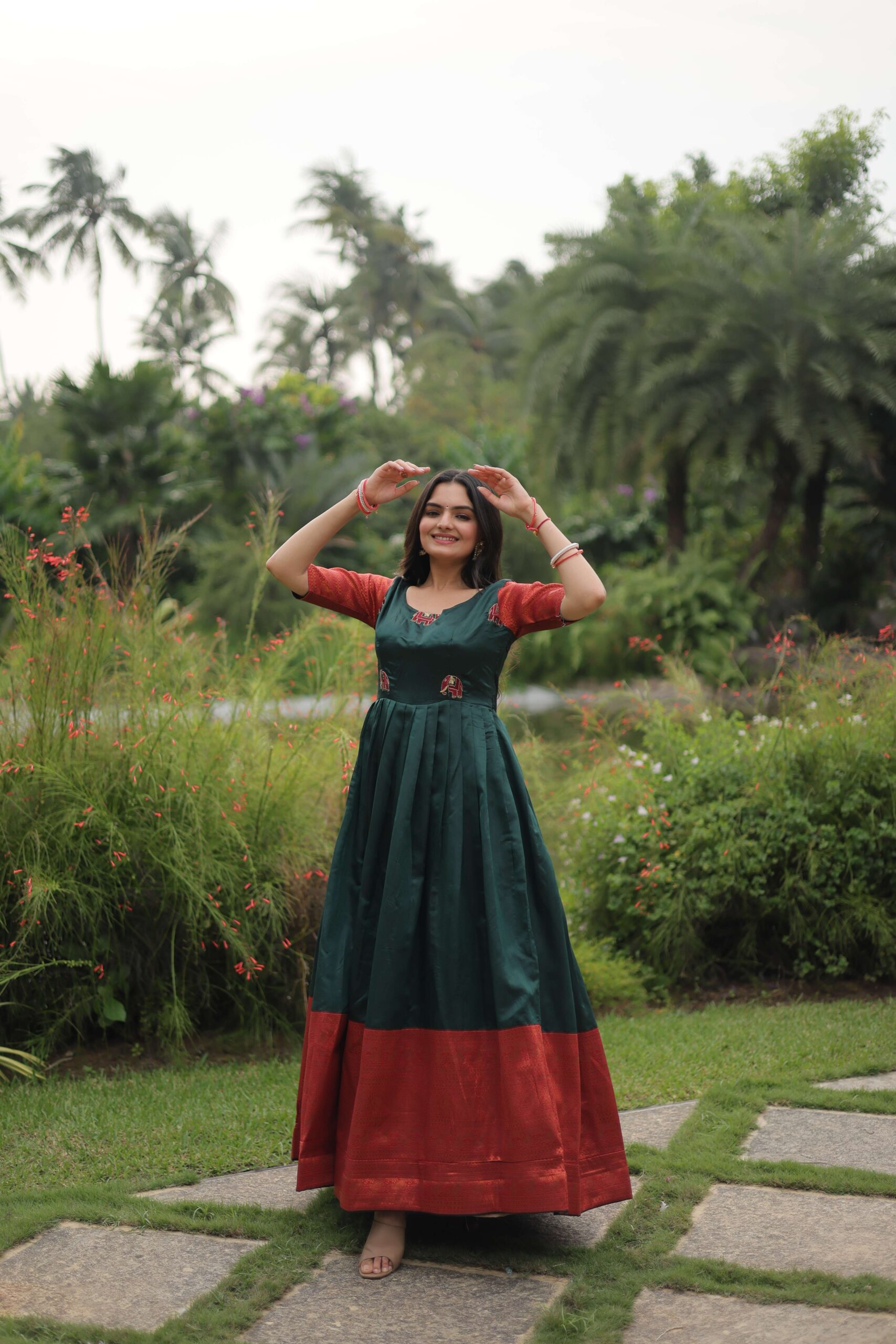 Green Banarasi Jacquard Silk Gown ? Elegant Free-Size Designer Party & Wedding Wear - Image 2