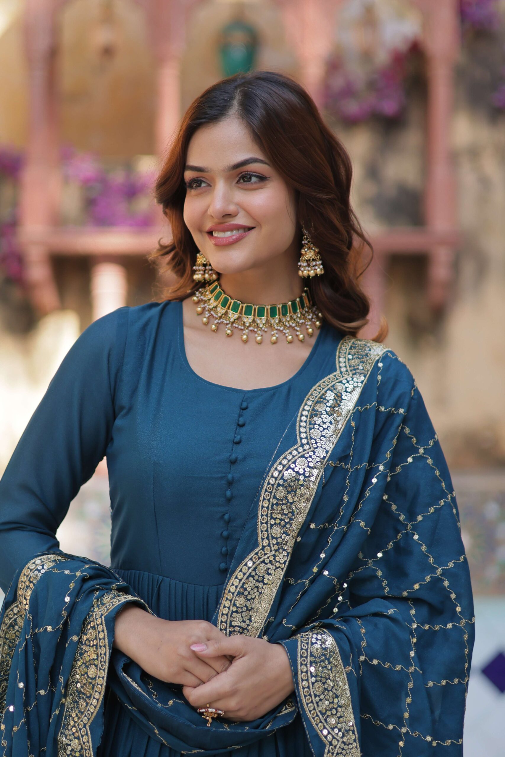 Rama Star Georgette Fully Flared Gown with Sequins Embroidered Dupatta - Image 5