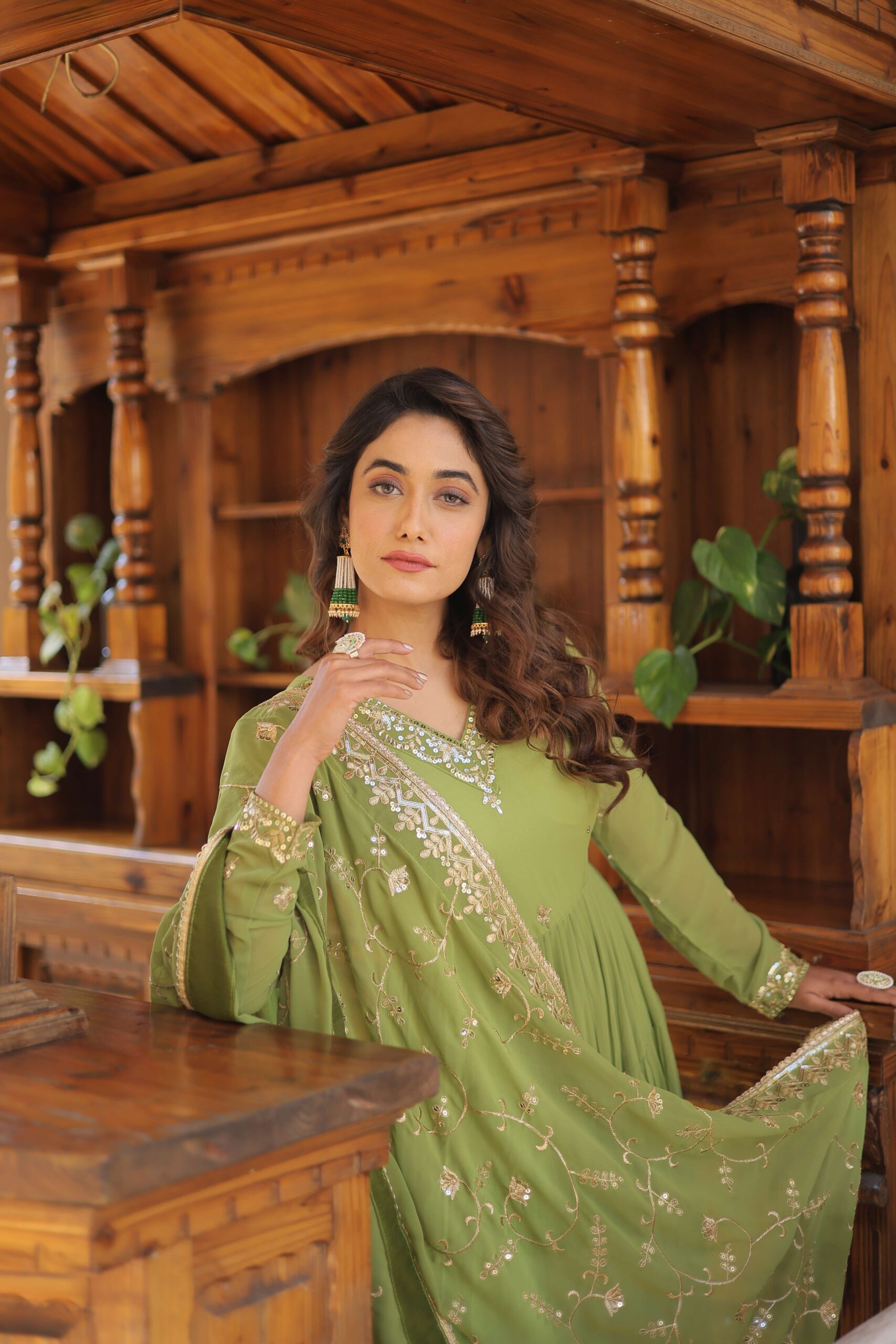 Green Faux Georgette Designer Gown with Sequined Dupatta ? Fully Flared Elegant Ready-to-Wear Set