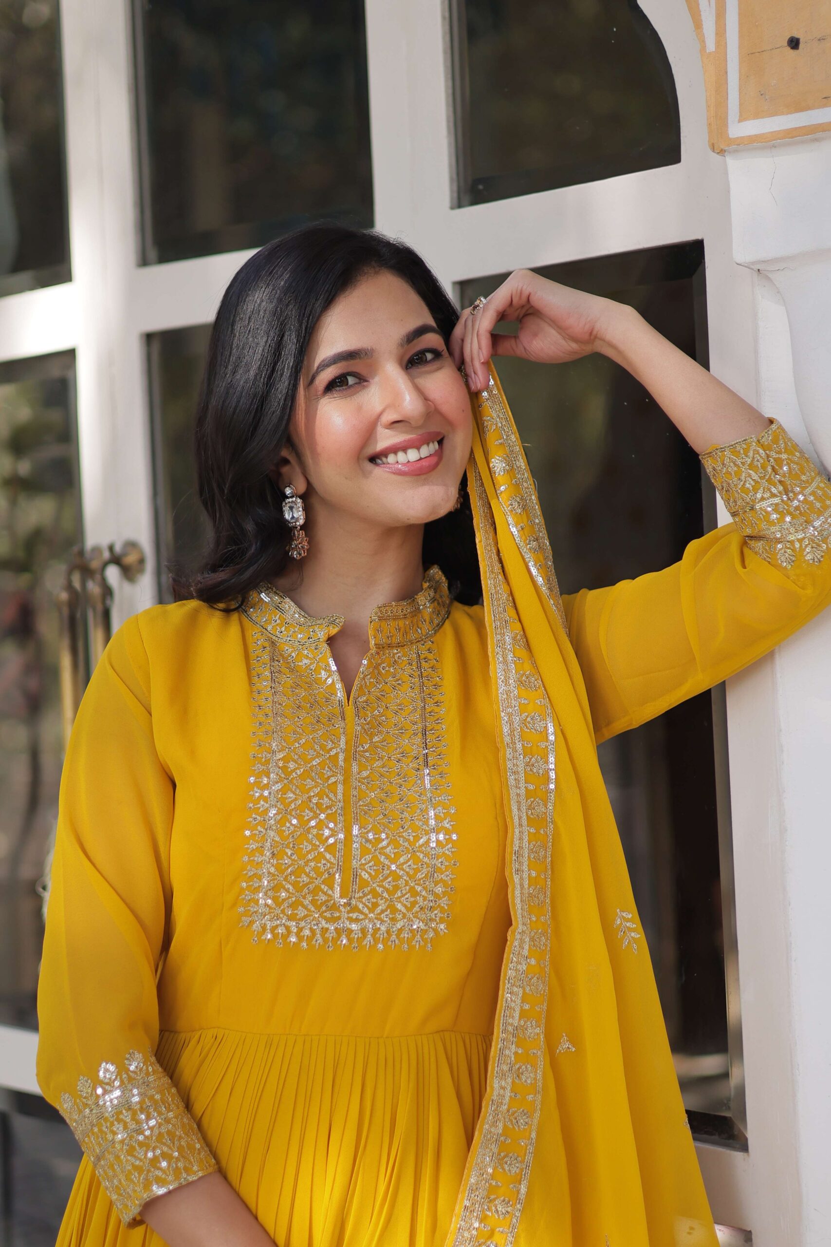 Yellow Faux Blooming Georgette Sequins Embroidered Gown with Matching Dupatta - Image 8