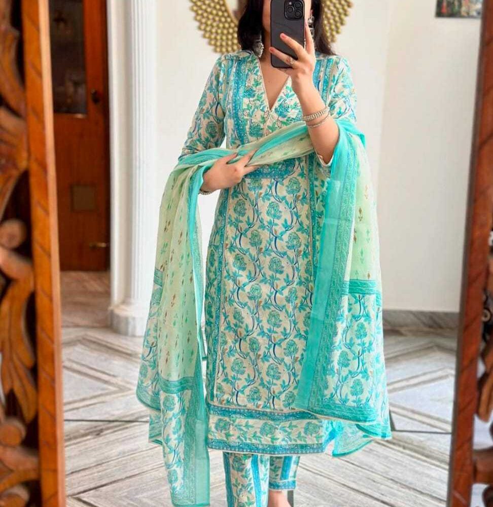 Women's Cotton Floral Printed Anazrkali Kurti with Pant & Dupatta Set