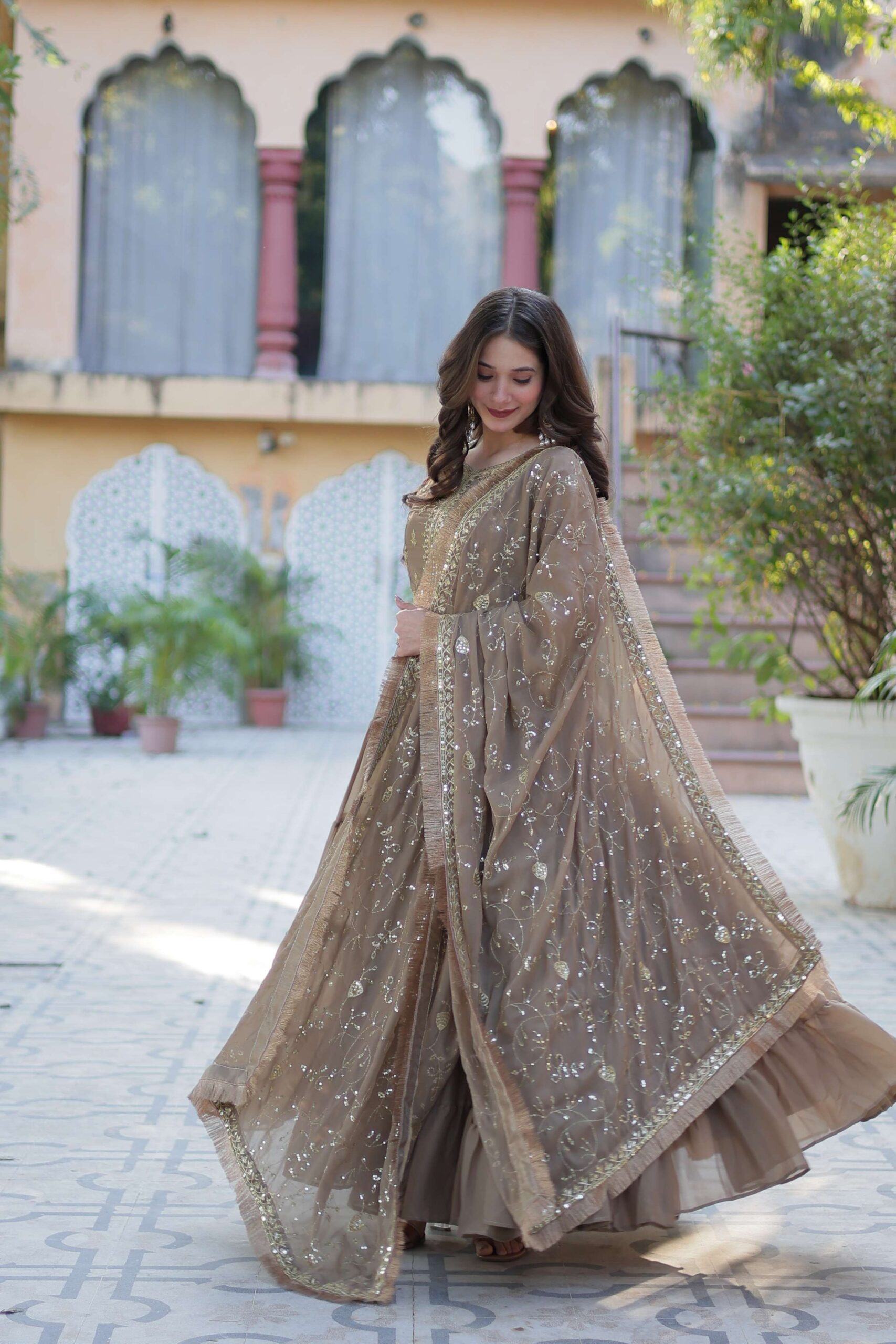 Beige Star Georgette Fully Flared Gown with Sequins Embroidered Dupatta & Lace Border - Image 8