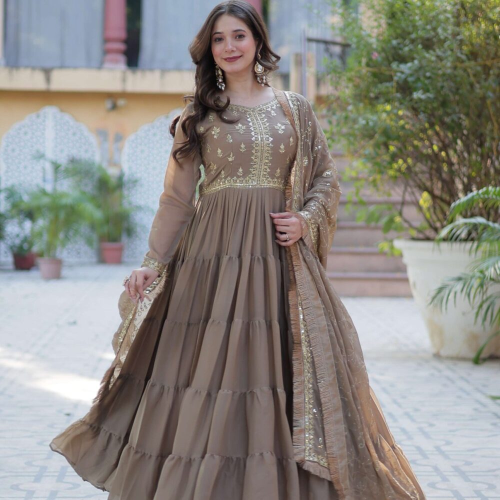 Beige Star Georgette Fully Flared Gown with Sequins Embroidered Dupatta & Lace Border