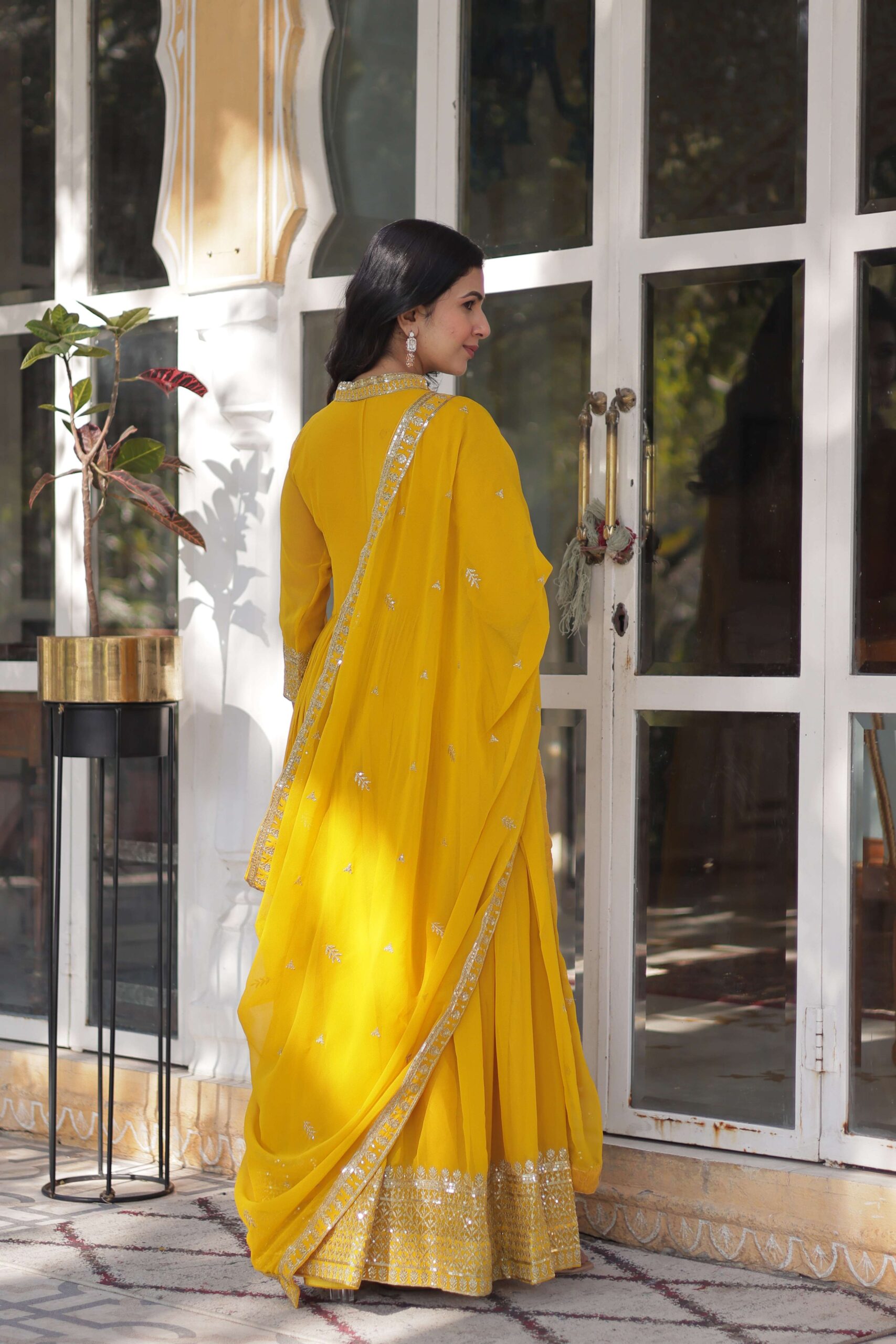 Yellow Faux Blooming Georgette Sequins Embroidered Gown with Matching Dupatta - Image 2
