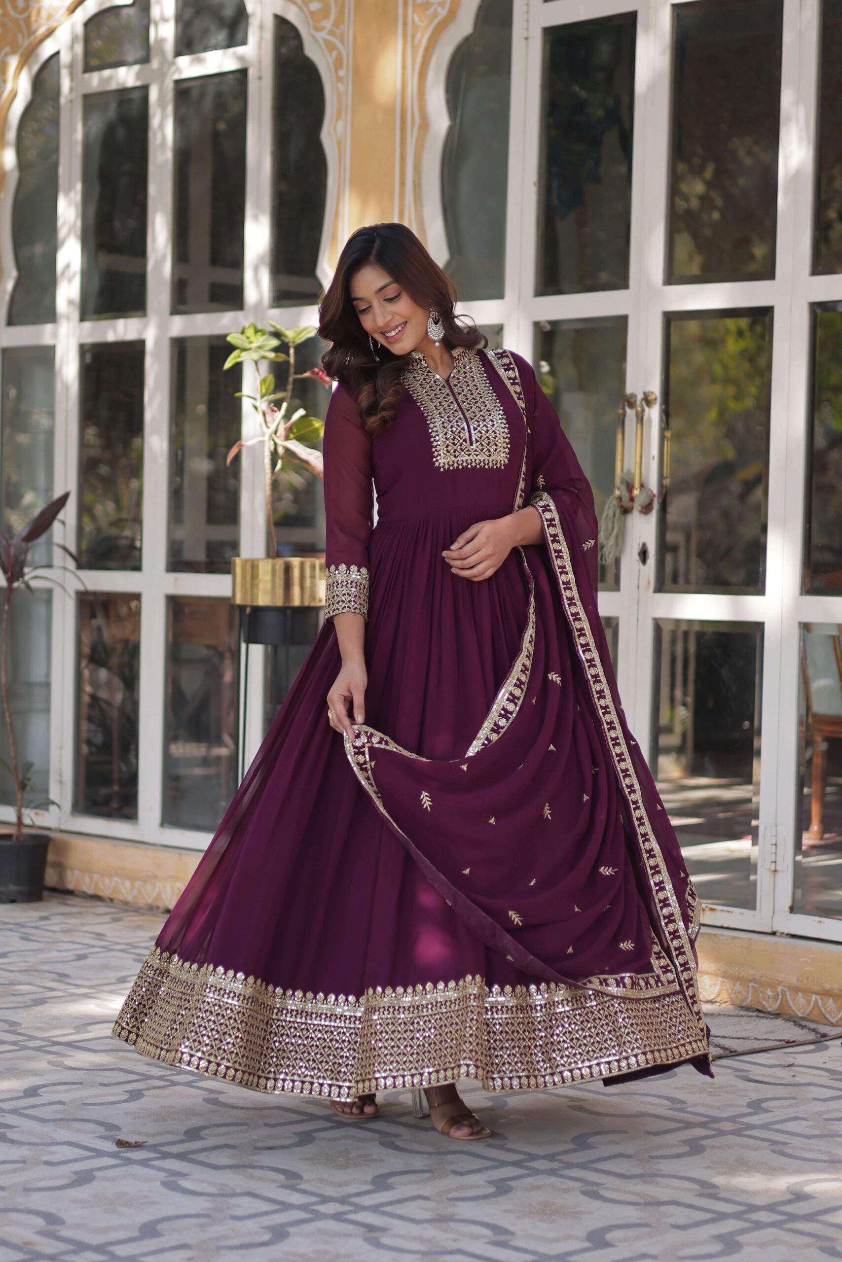 New Wine Faux Blooming Georgette Sequins Embroidered Gown with Matching Dupatta - Image 8