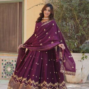 Wine Faux Blooming Georgette Designer Gown with Zari & Sequins Embroidered Dupatta