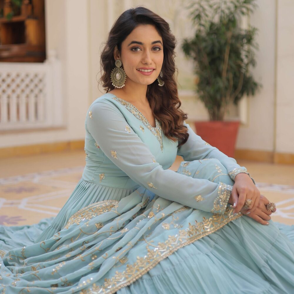 SKY Faux Georgette Designer Gown with Sequined Dupatta ? Elegant Fully Flared Party & Wedding Set