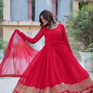 Red Faux Blooming Gown with Multi-Sequins Embroidered Dupatta