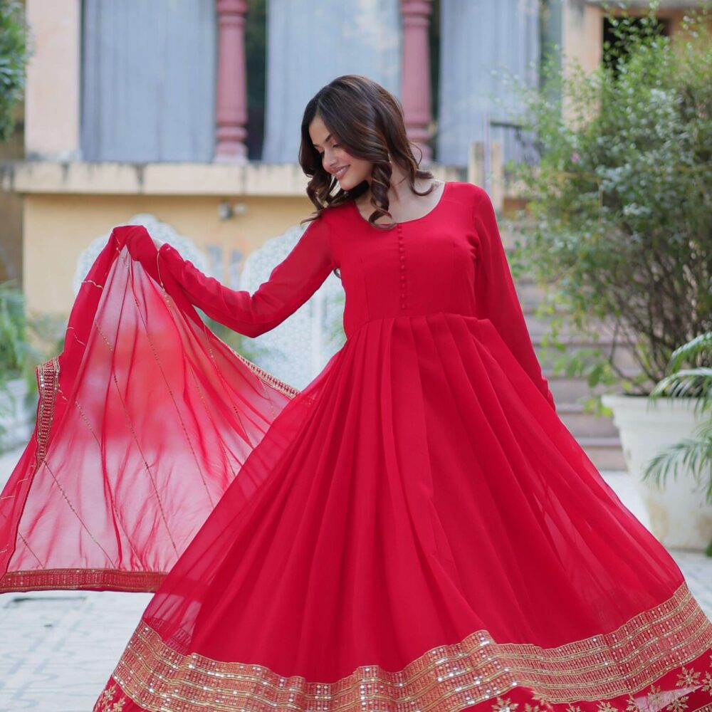 Red Faux Blooming Gown with Multi-Sequins Embroidered Dupatta