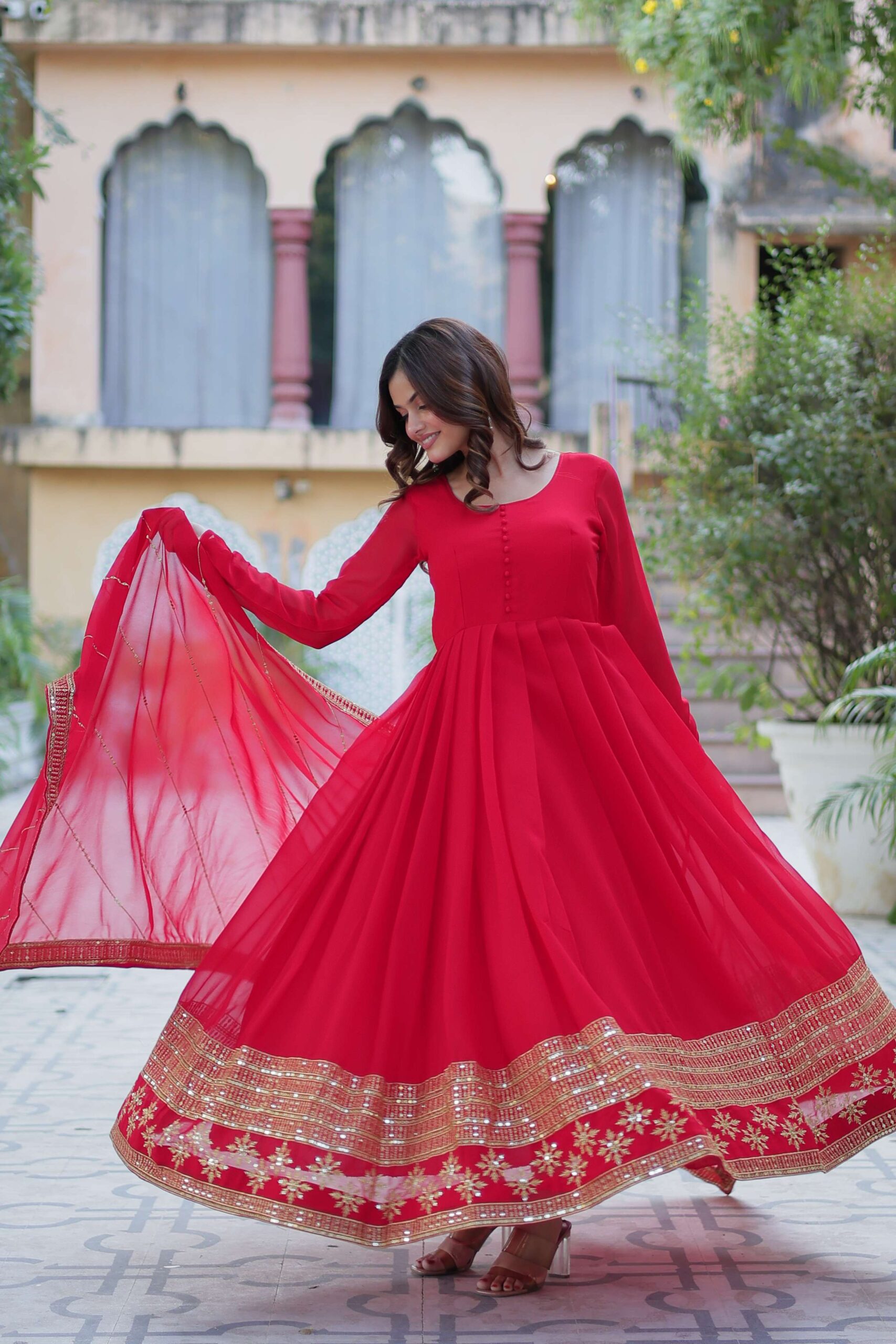Red Faux Blooming Gown with Multi-Sequins Embroidered Dupatta
