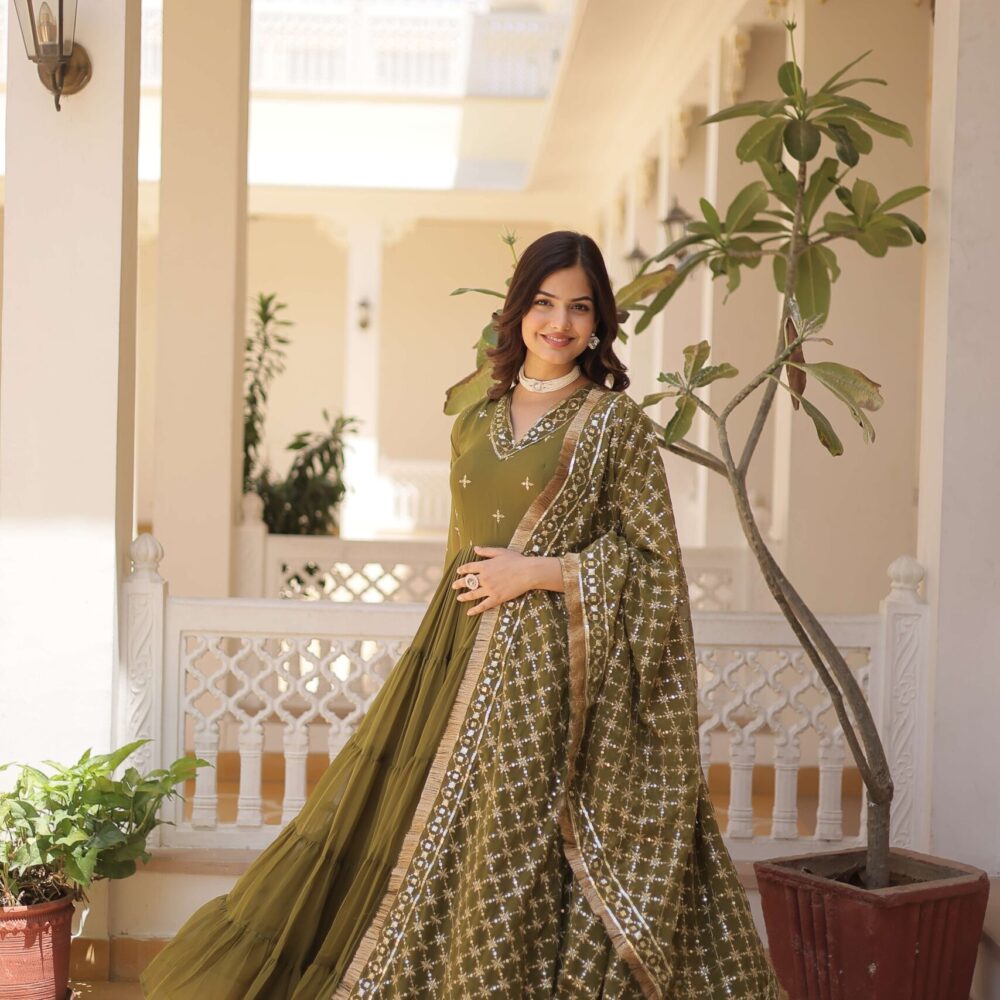 Mehandi Designer Faux Georgette Gown with Sequined Dupatta ? Elegant Festive & Party Wear Set