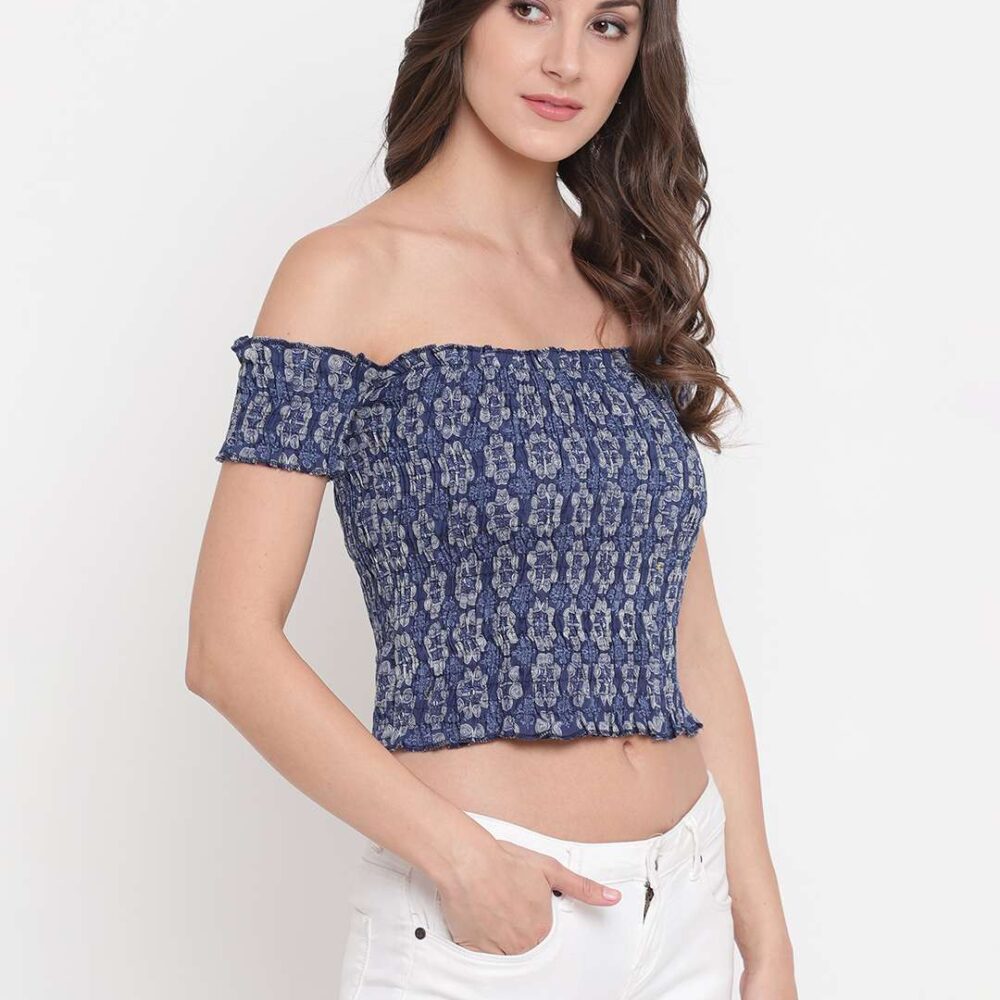Women's Rayon Printed Off-Shoulder Smocked Crop Top Short Sleeve Casual Styles Tank Top (FREE SIZE) Multi42