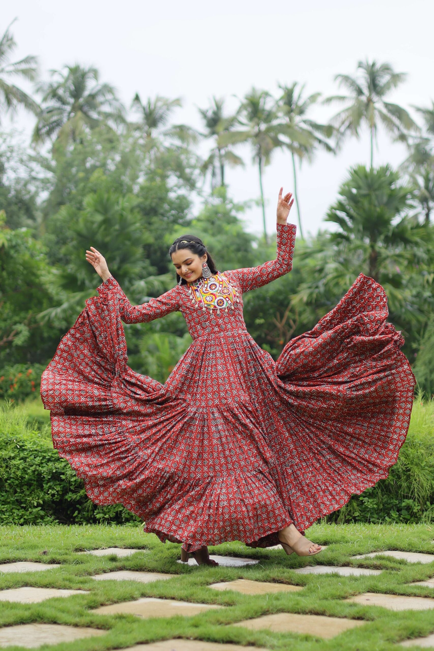 Maroon Designer Printed Cotton Gown with Kutchi Gamthi Lace & Kodi Work ? Maroon - Image 6