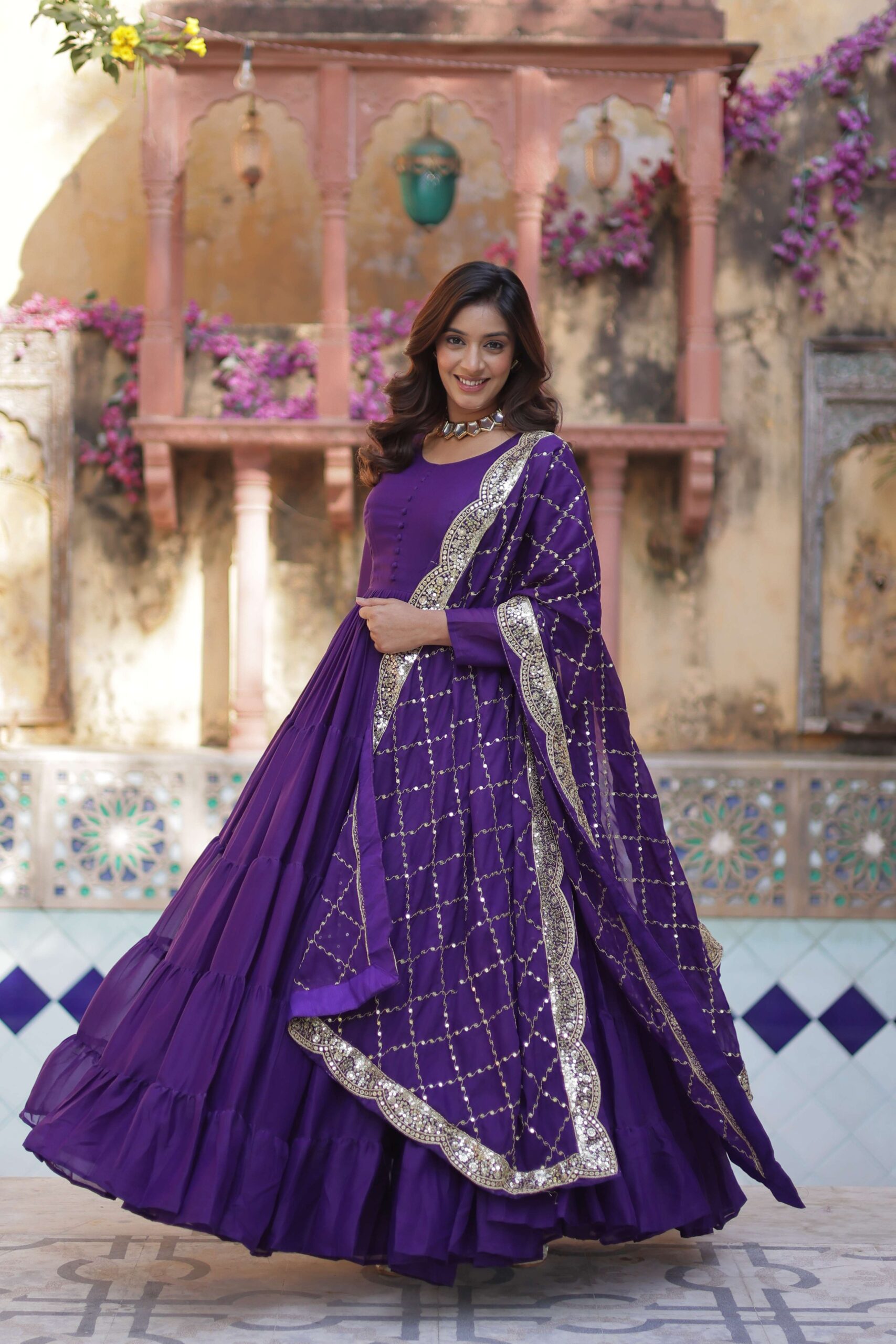 Jambli Star Georgette Fully Flared Gown with Sequins Embroidered Dupatta - Image 5