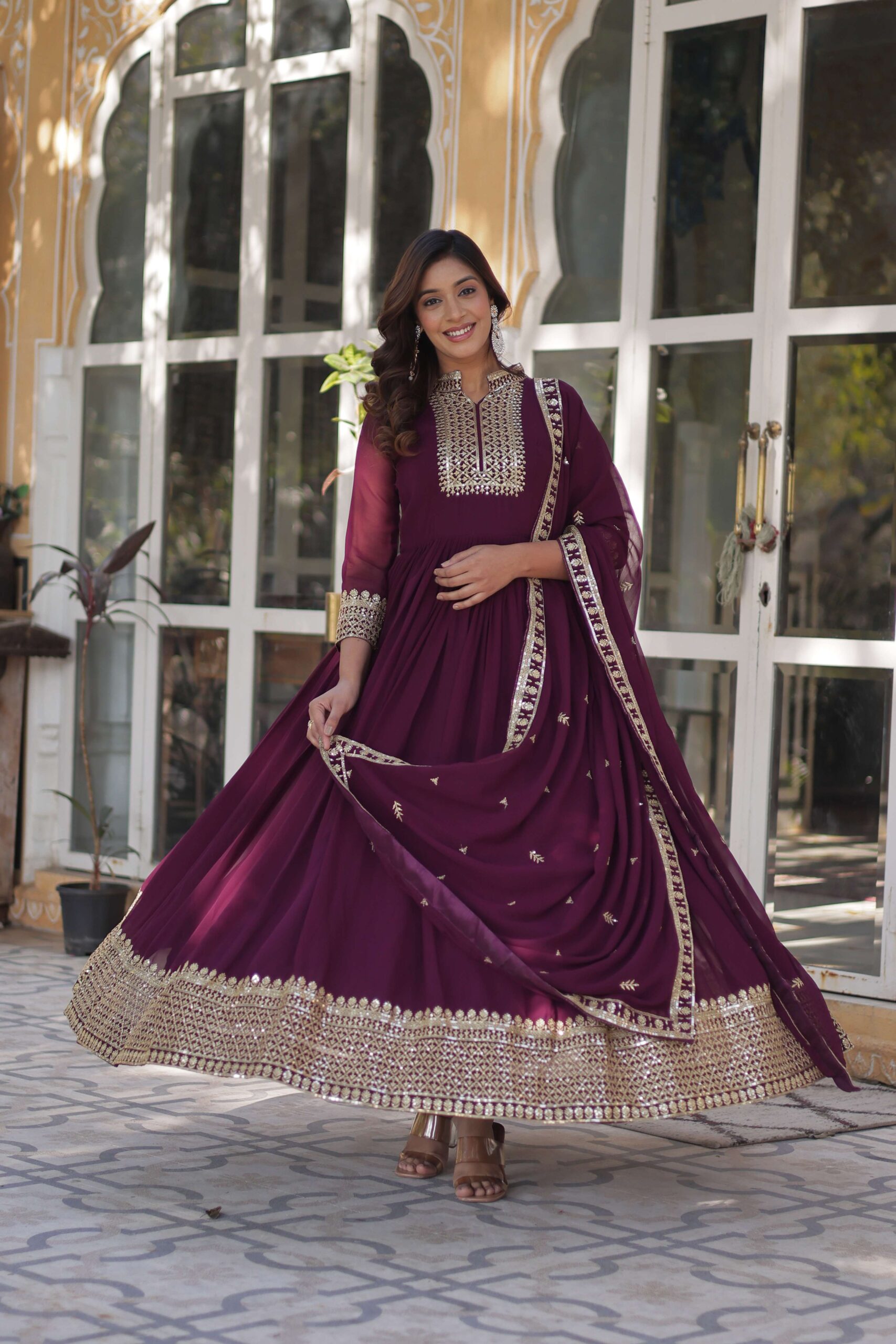 New Wine Faux Blooming Georgette Sequins Embroidered Gown with Matching Dupatta