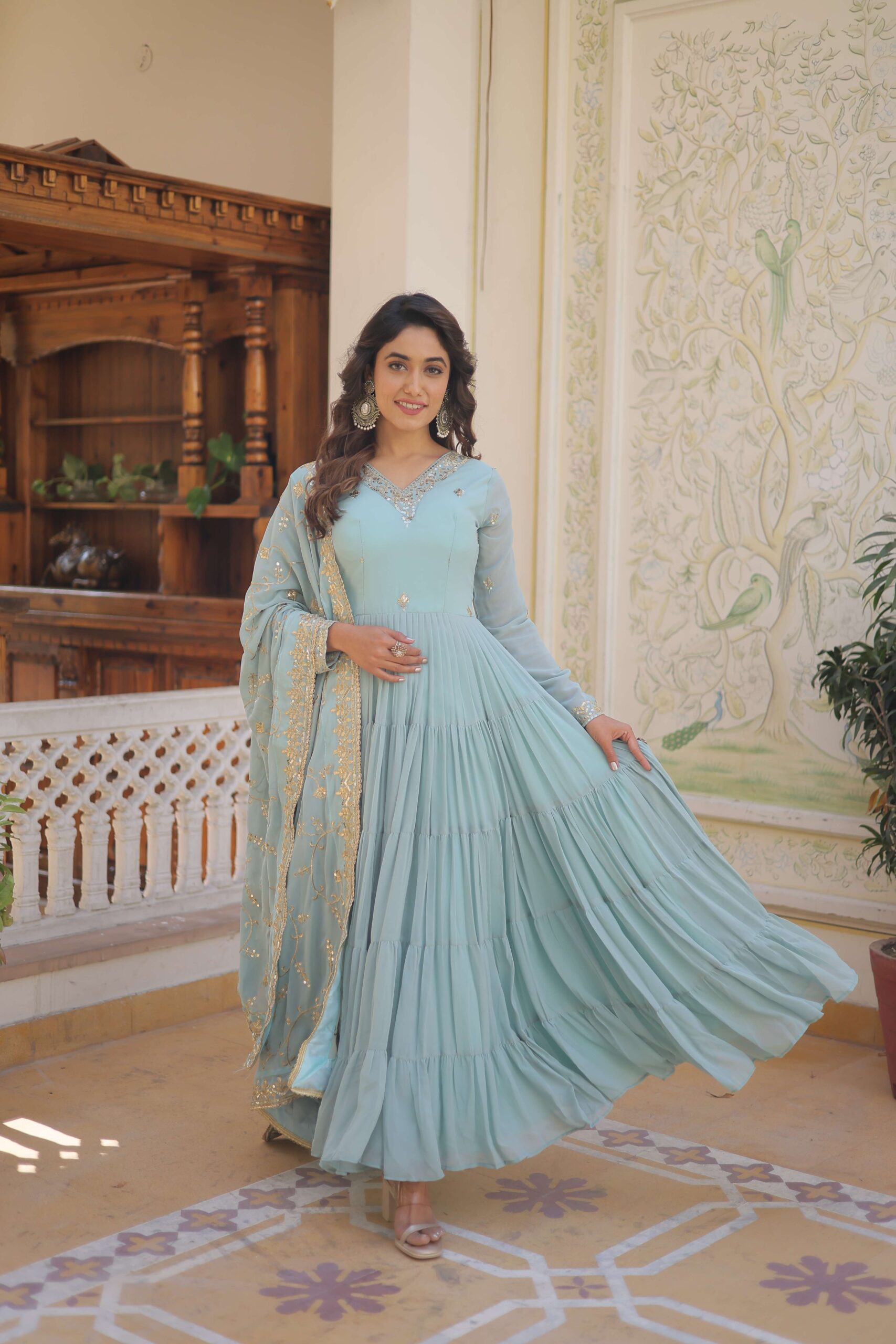 SKY Faux Georgette Designer Gown with Sequined Dupatta ? Elegant Fully Flared Party & Wedding Set - Image 4