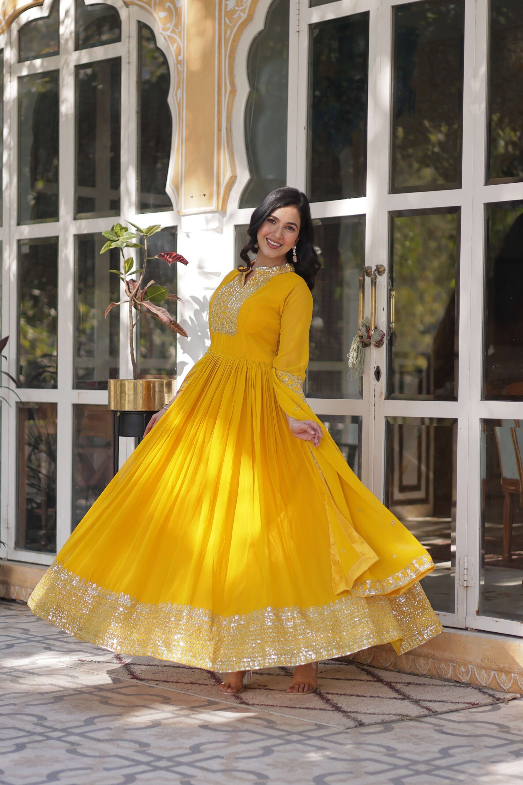 Yellow Faux Blooming Georgette Sequins Embroidered Gown with Matching Dupatta - Image 7