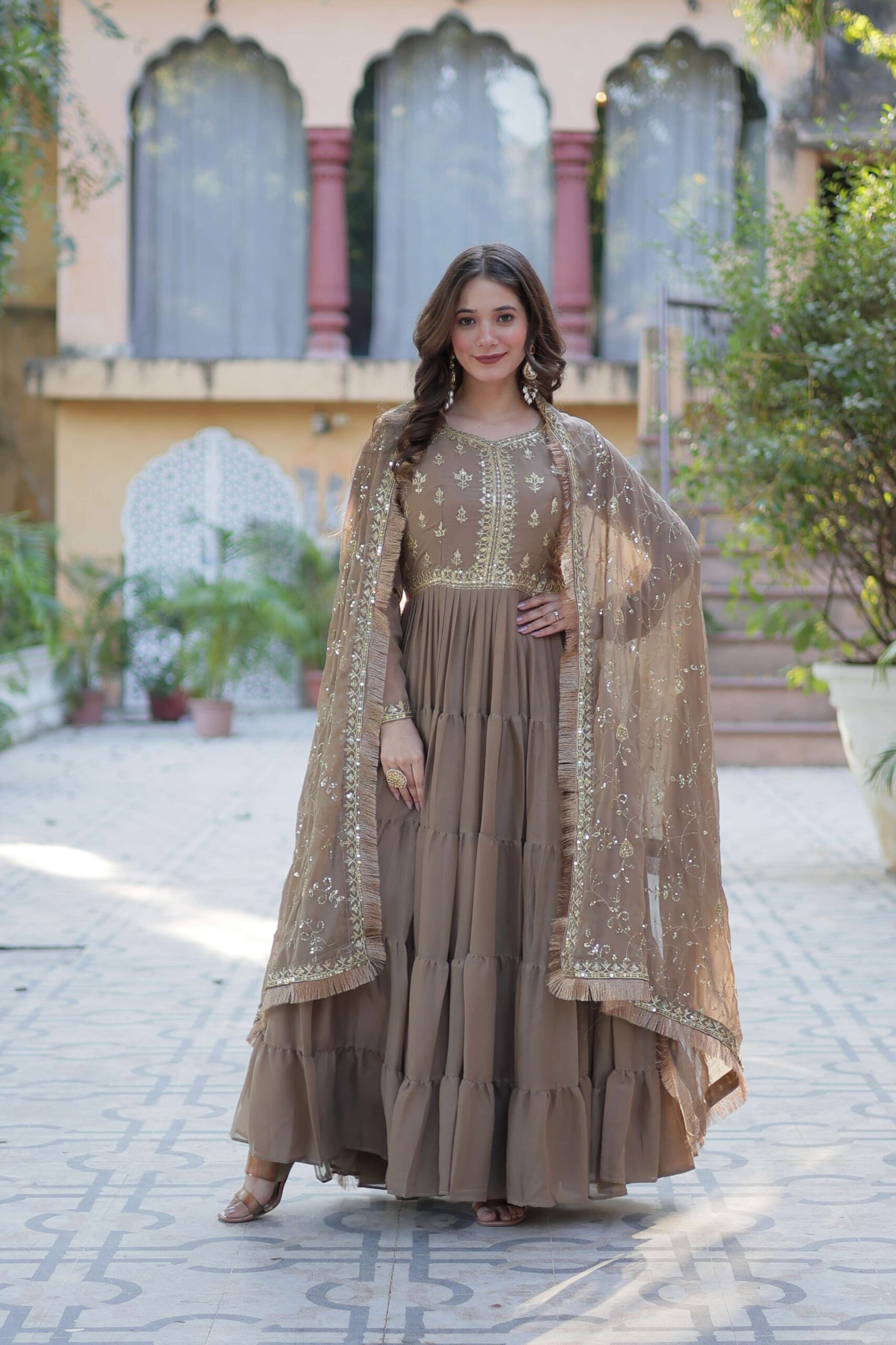 Beige Star Georgette Fully Flared Gown with Sequins Embroidered Dupatta & Lace Border - Image 3