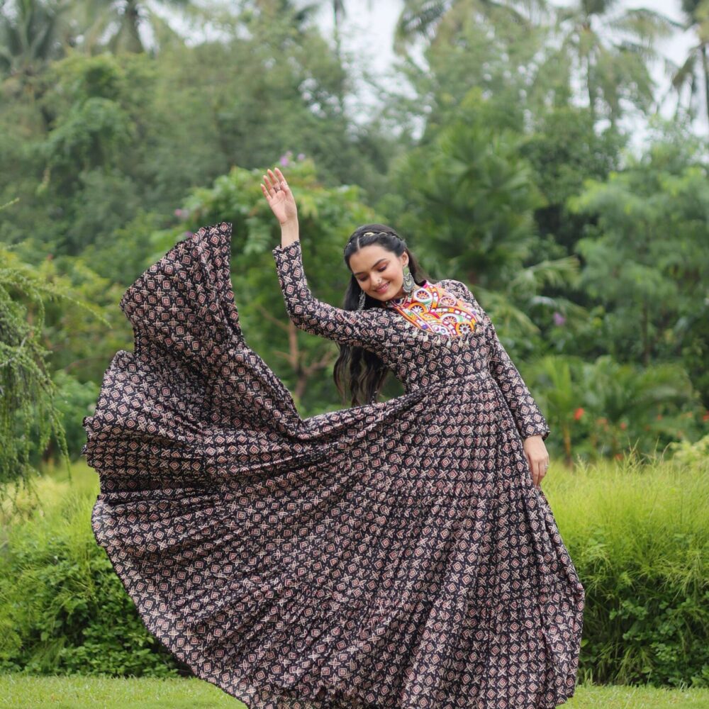 Black Designer Printed Cotton Gown with Kutchi Gamthi Lace & Kodi Work ? Maroon