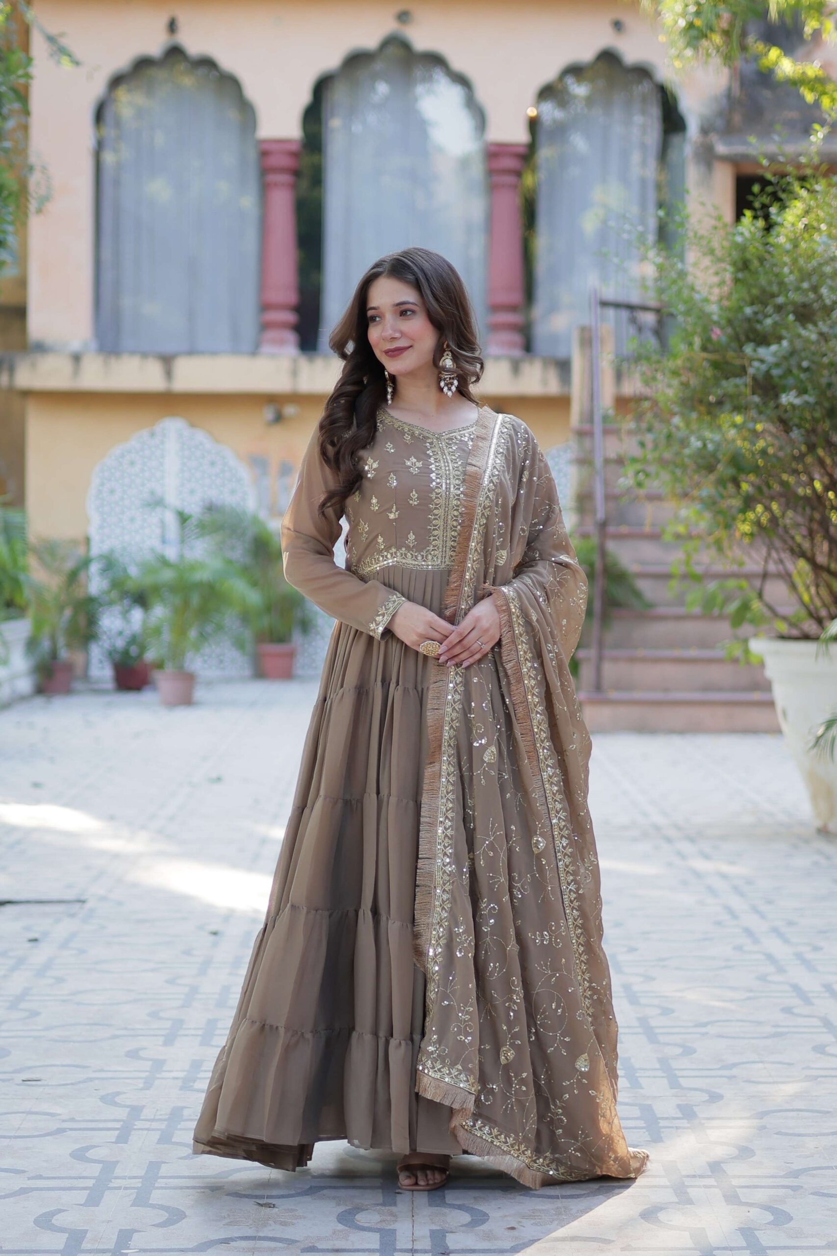 Beige Star Georgette Fully Flared Gown with Sequins Embroidered Dupatta & Lace Border - Image 6