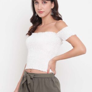 Women's Rayon Solid Off-Shoulder Smocked Crop Top Short Sleeve Casual Styles Tank Top (FREE SIZE) Multi30