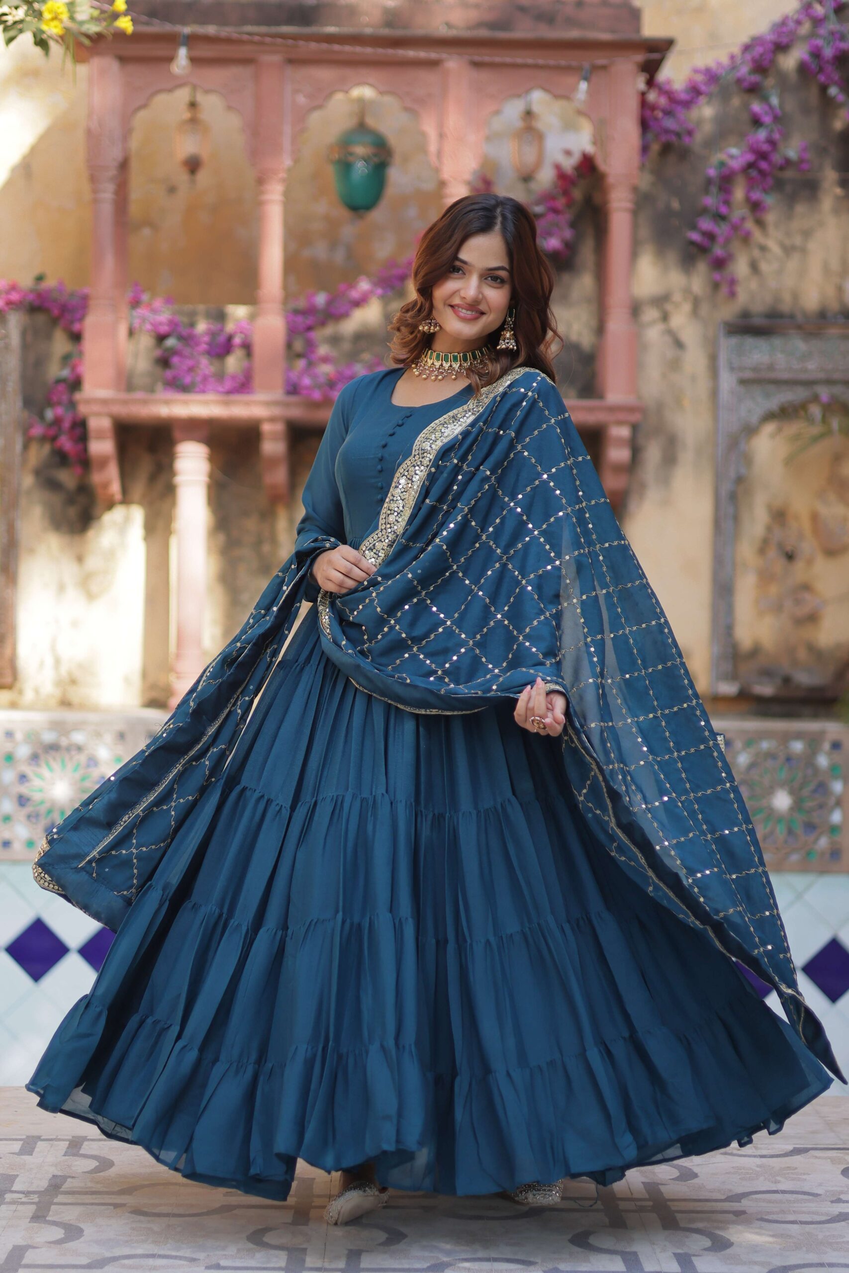 Rama Star Georgette Fully Flared Gown with Sequins Embroidered Dupatta - Image 3