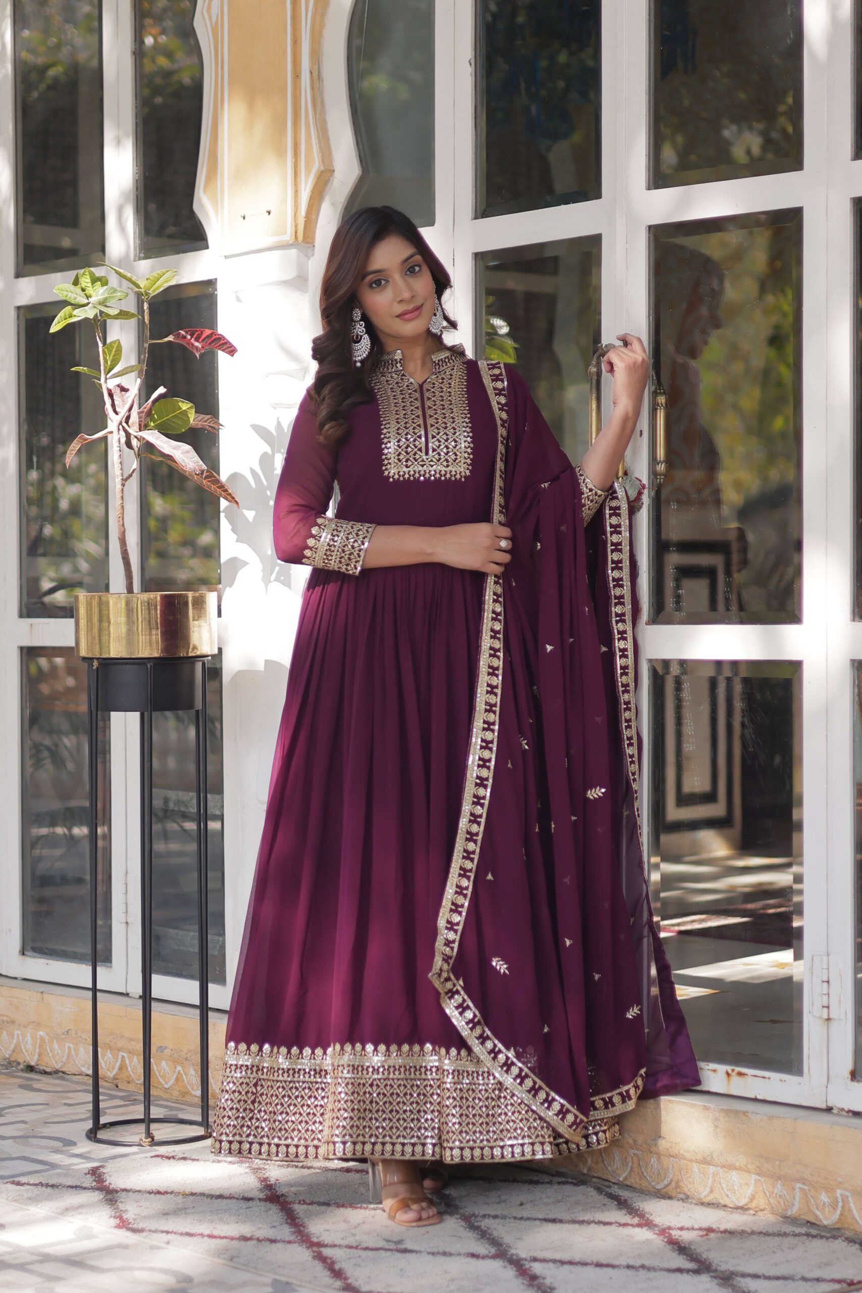 New Wine Faux Blooming Georgette Sequins Embroidered Gown with Matching Dupatta - Image 2