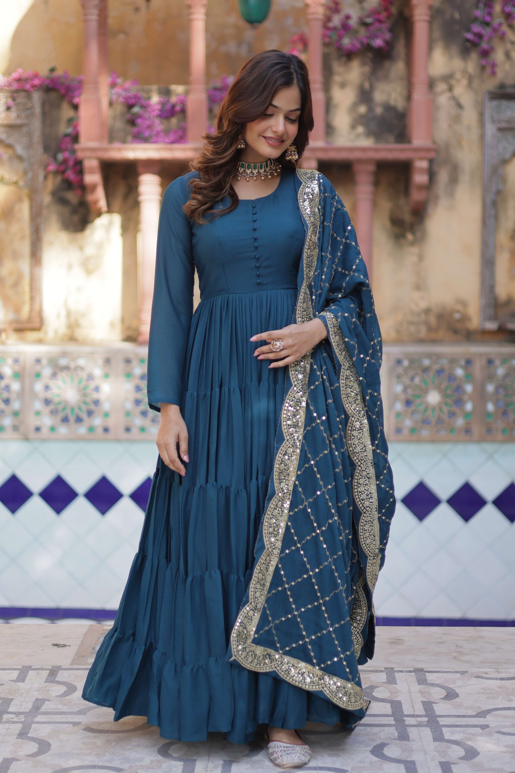 Rama Star Georgette Fully Flared Gown with Sequins Embroidered Dupatta - Image 8