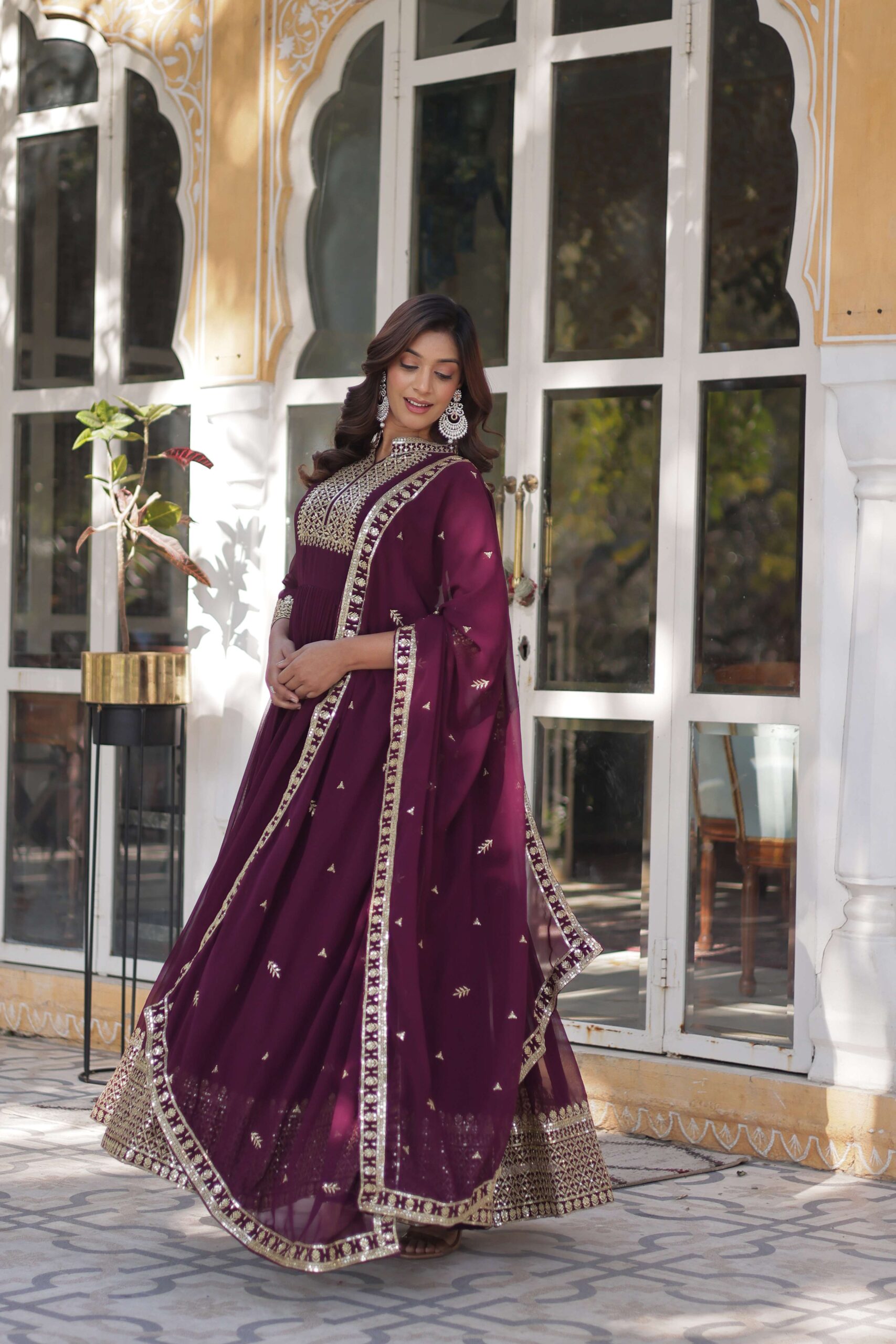 New Wine Faux Blooming Georgette Sequins Embroidered Gown with Matching Dupatta - Image 6