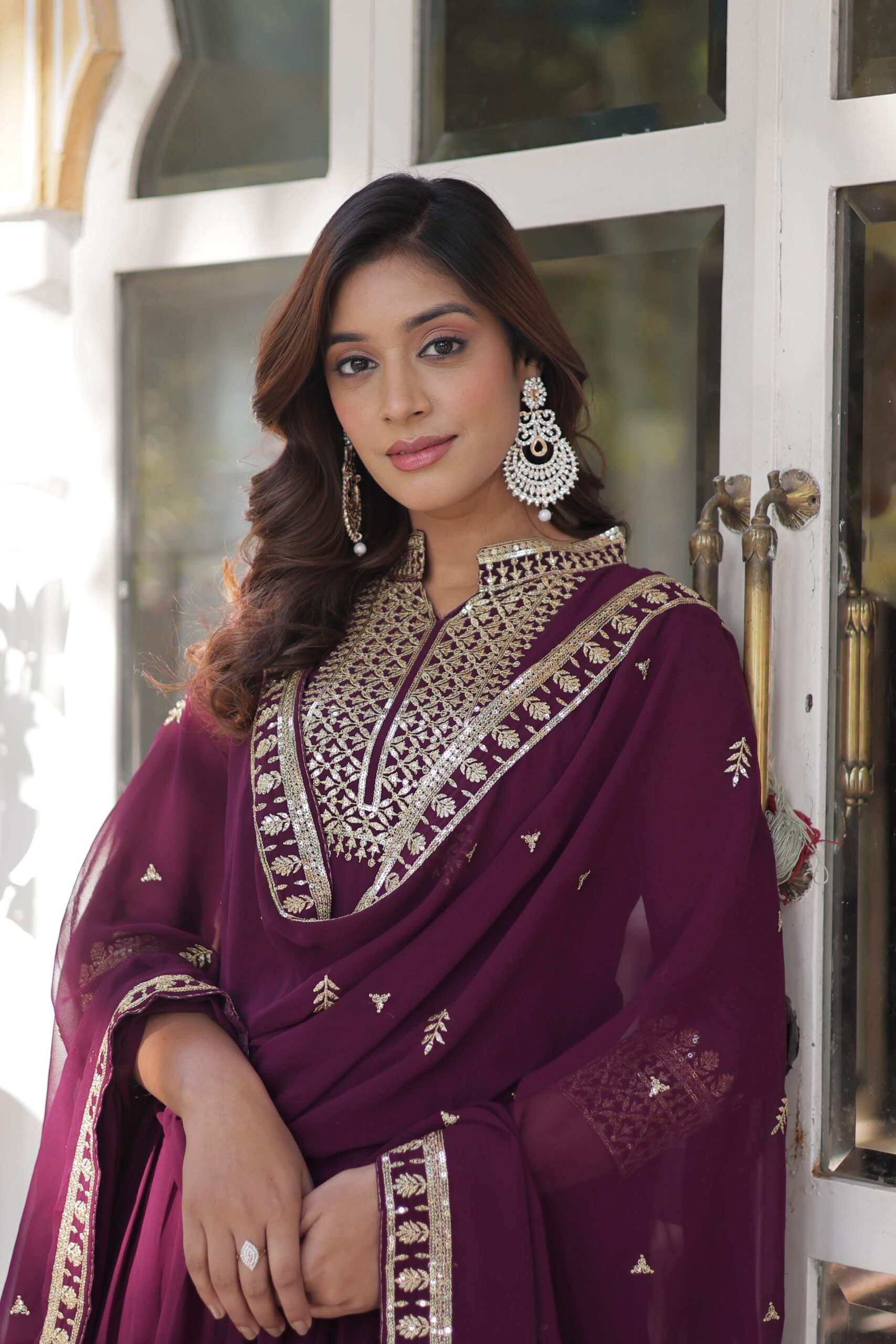 New Wine Faux Blooming Georgette Sequins Embroidered Gown with Matching Dupatta - Image 3