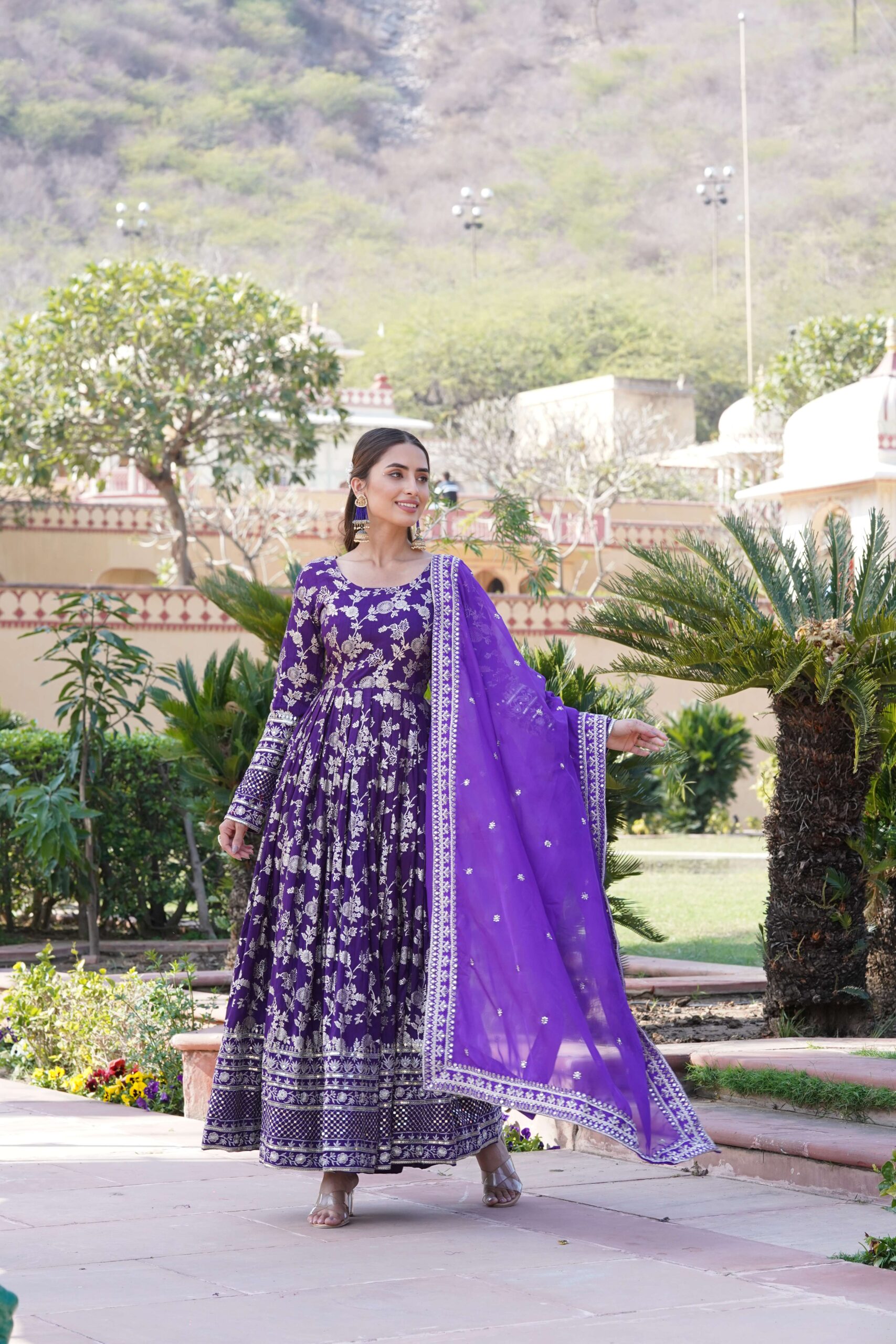 Purple Viscose Dyable Jacquard Gown with Russian Silk Sequined Dupatta ? Elegant Party & Wedding Set - Image 3