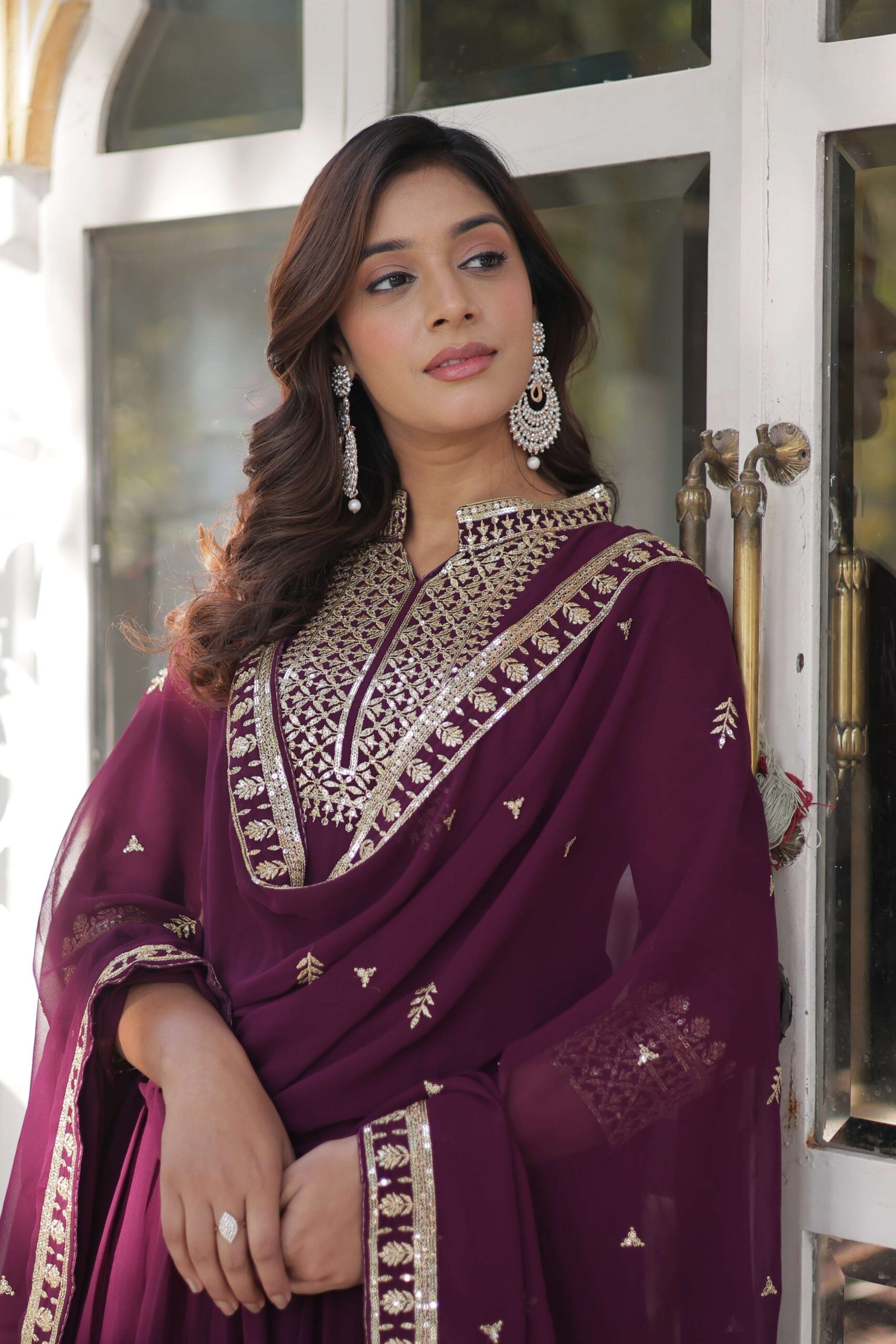 New Wine Faux Blooming Georgette Sequins Embroidered Gown with Matching Dupatta - Image 4